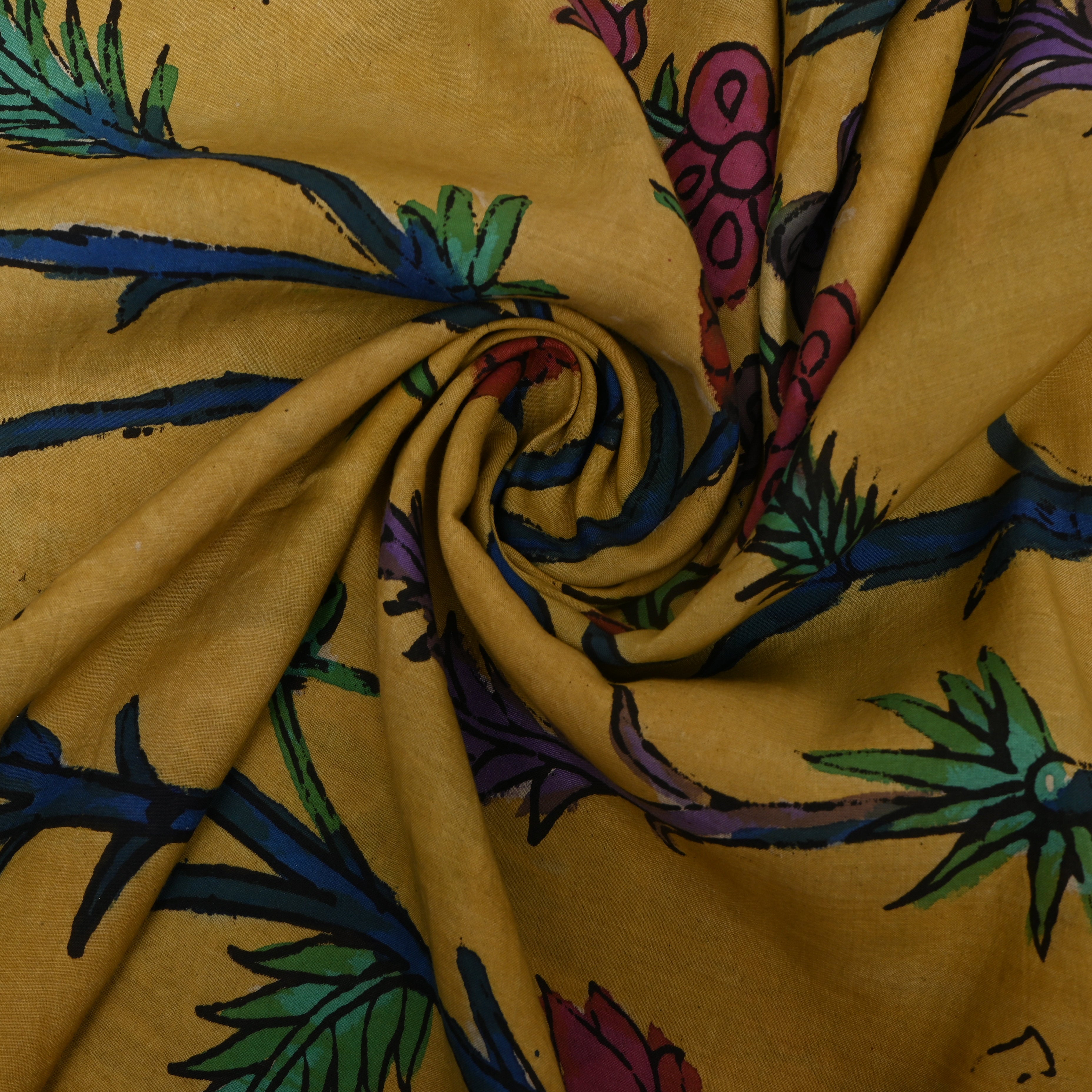 Mustard Yellow Kalamkari Floral Vine Dupion Silk