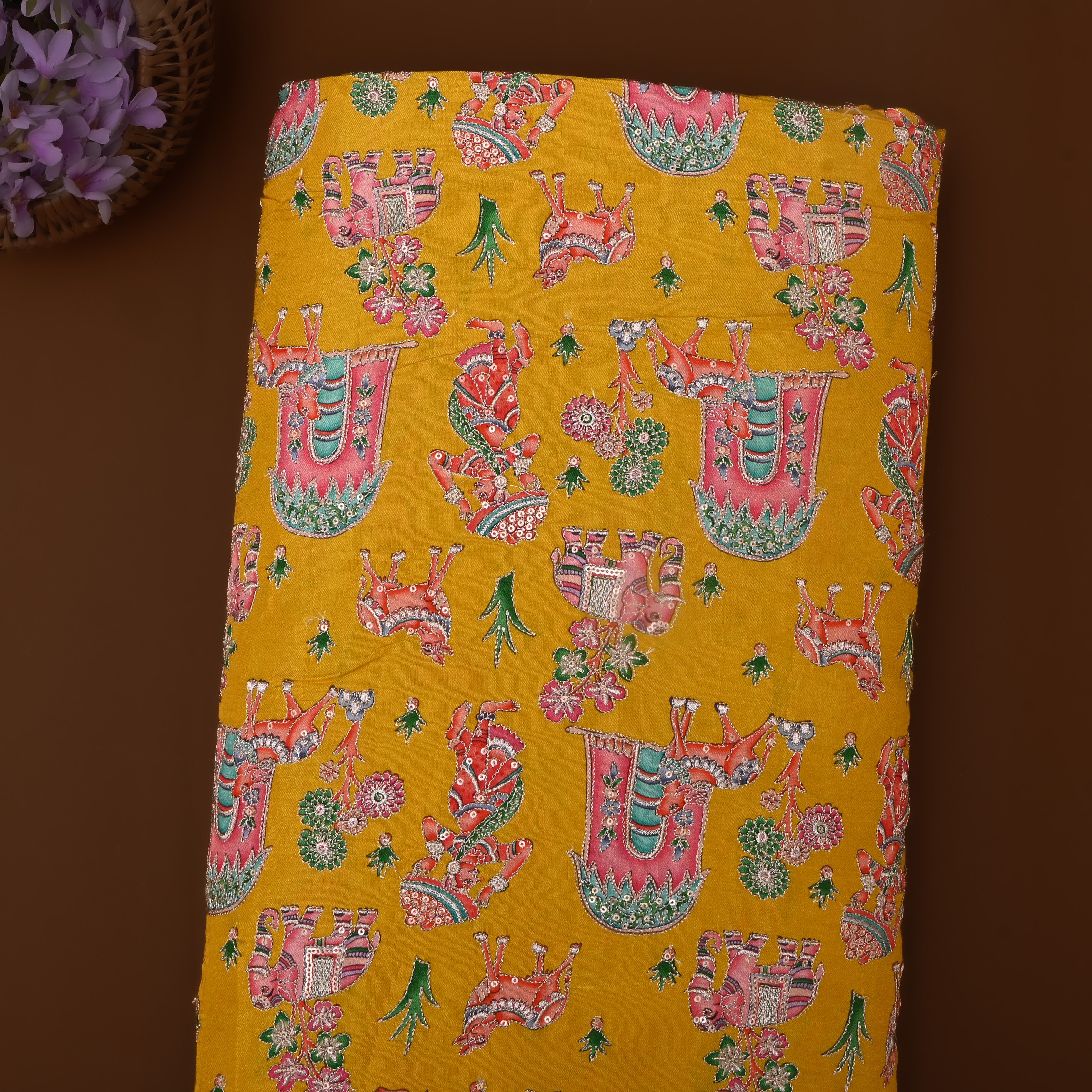 Mustard Yellow Figurative Print Silk Fabric