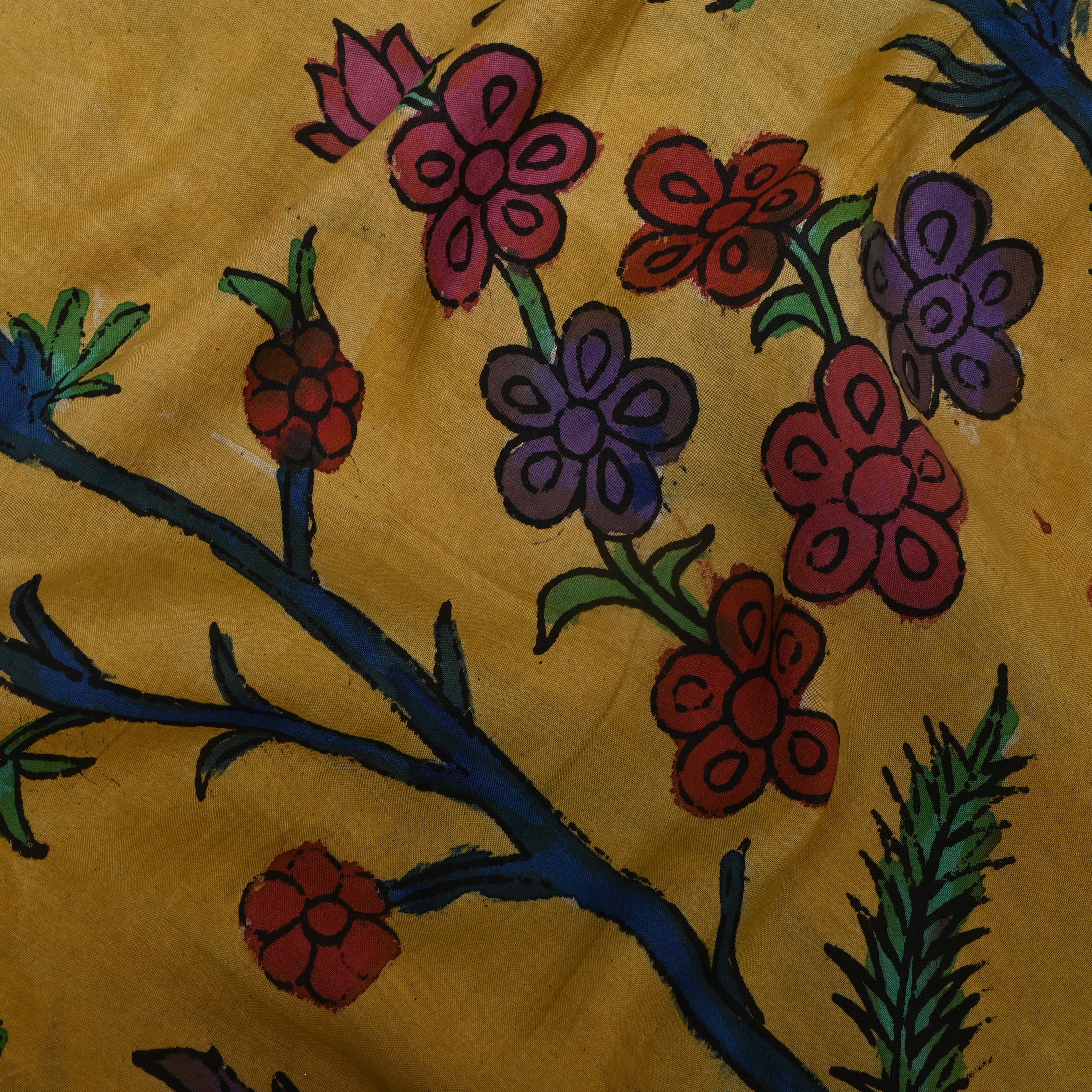 Mustard Yellow Kalamkari Floral Vine Dupion Silk