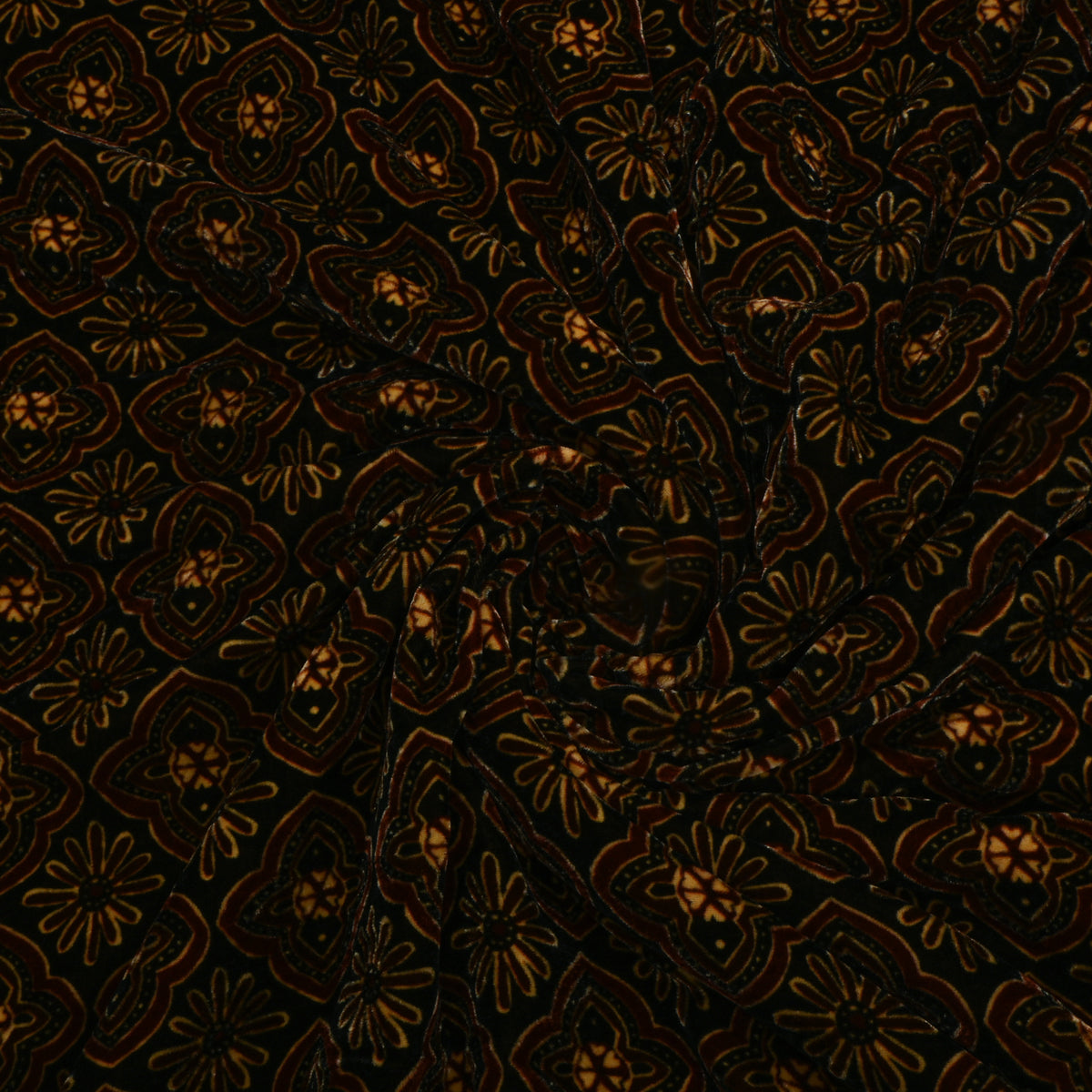 Midnight Black Batik Ceplok Printed Velvet Fabric