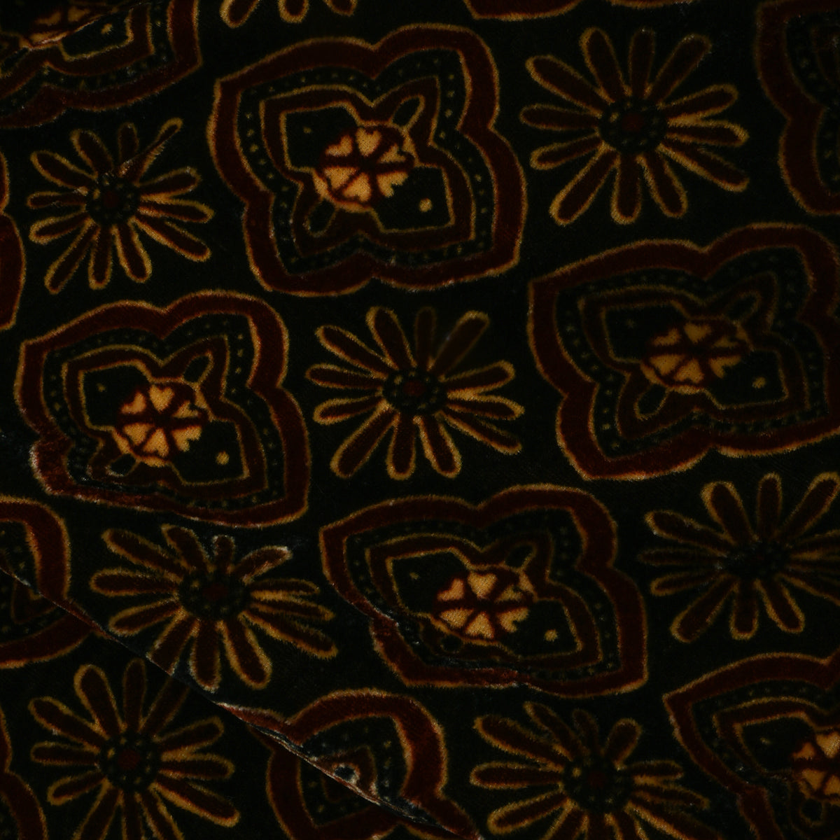 Midnight Black Batik Ceplok Printed Velvet Fabric