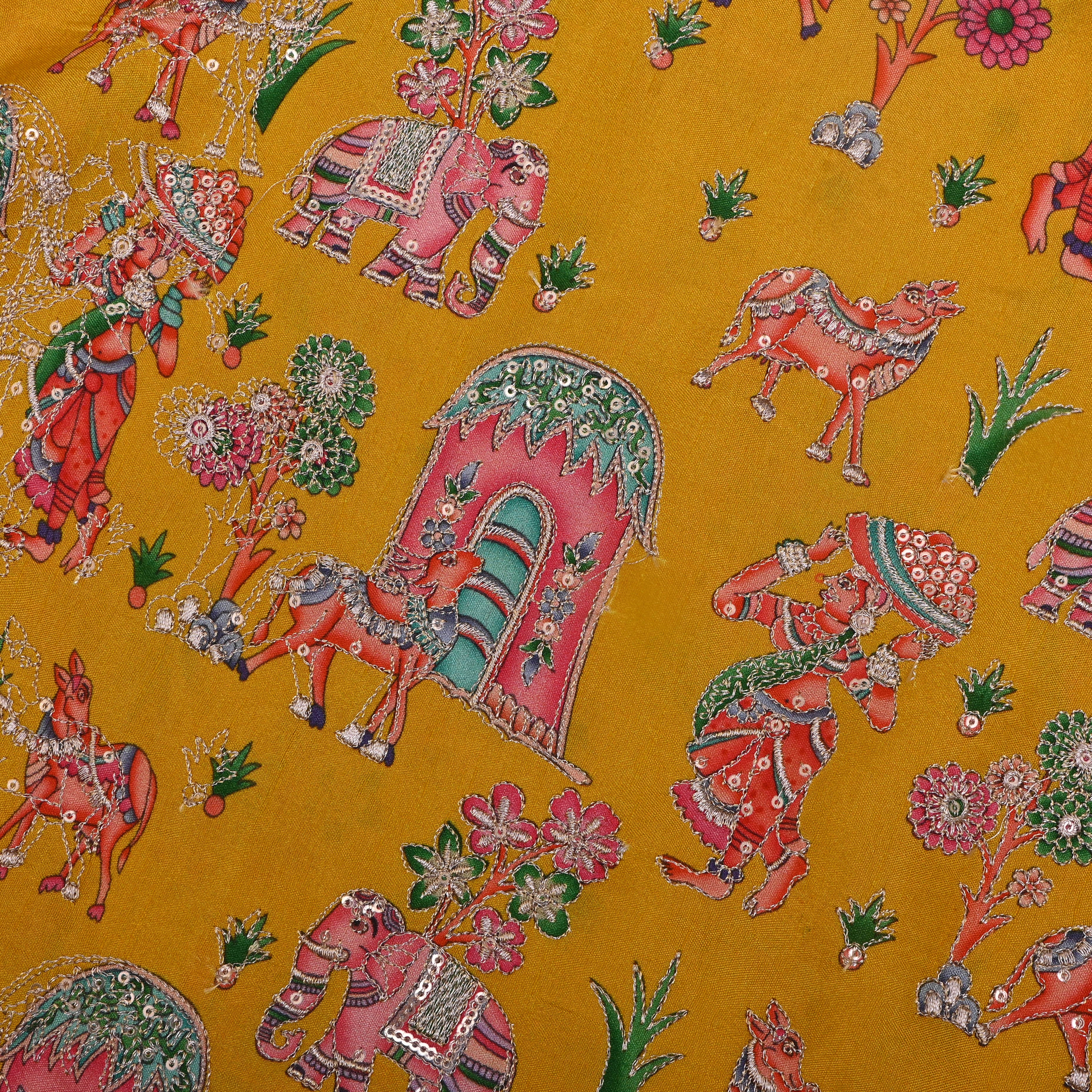 Mustard Yellow Figurative Print Silk Fabric