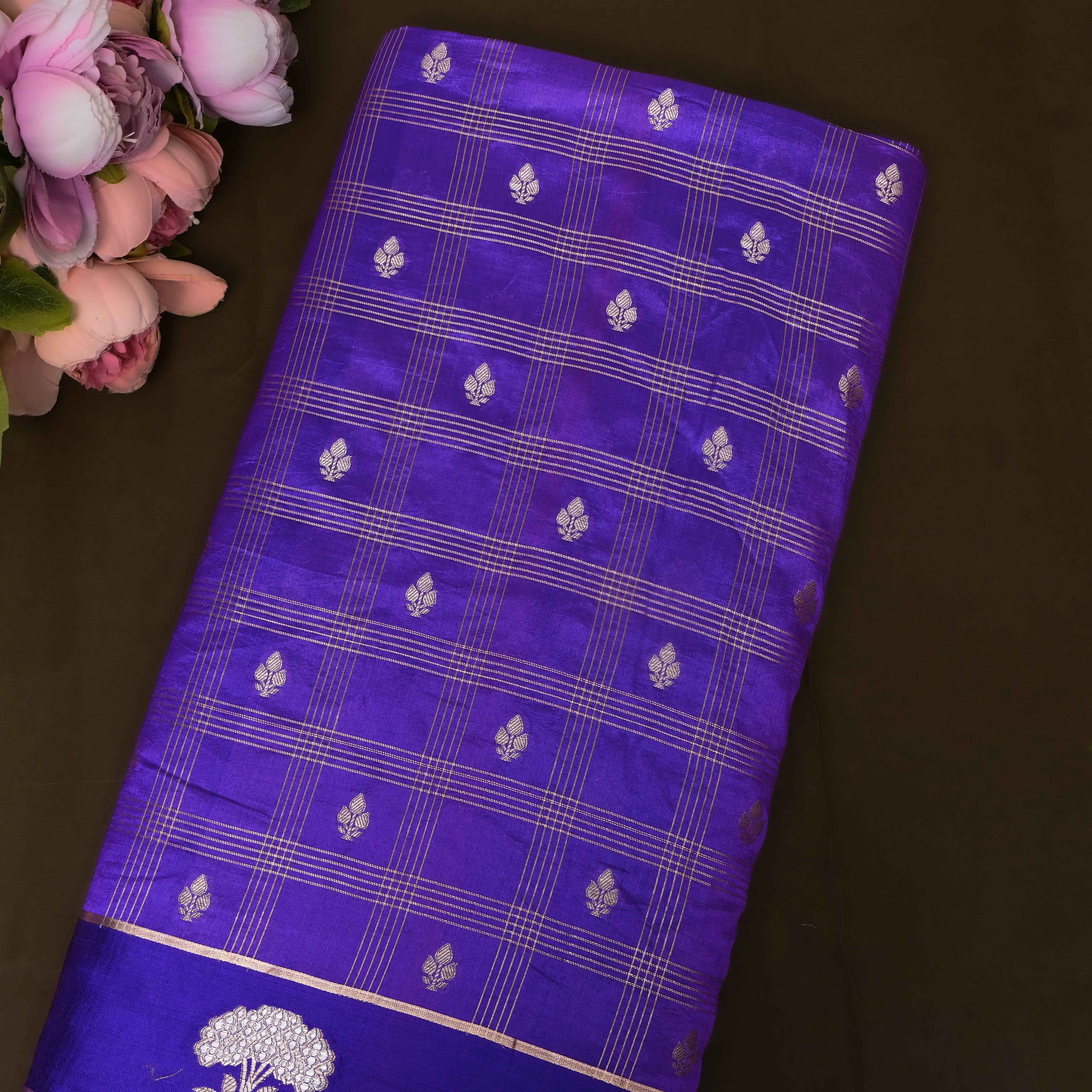 Royal Blue Jamawar With Striped Weave And Floral Border
