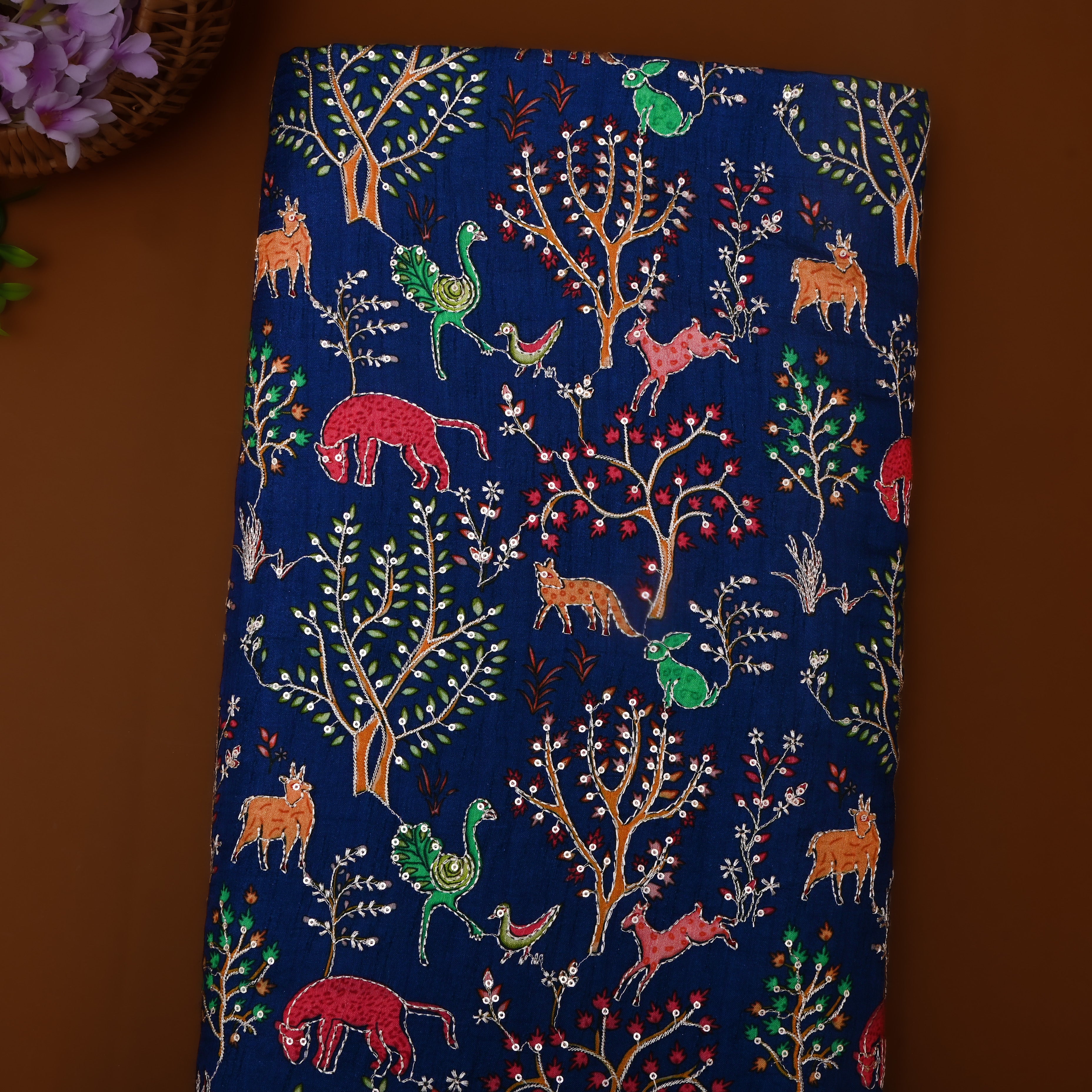 Navy Blue Jungle Printed Silk Fabric
