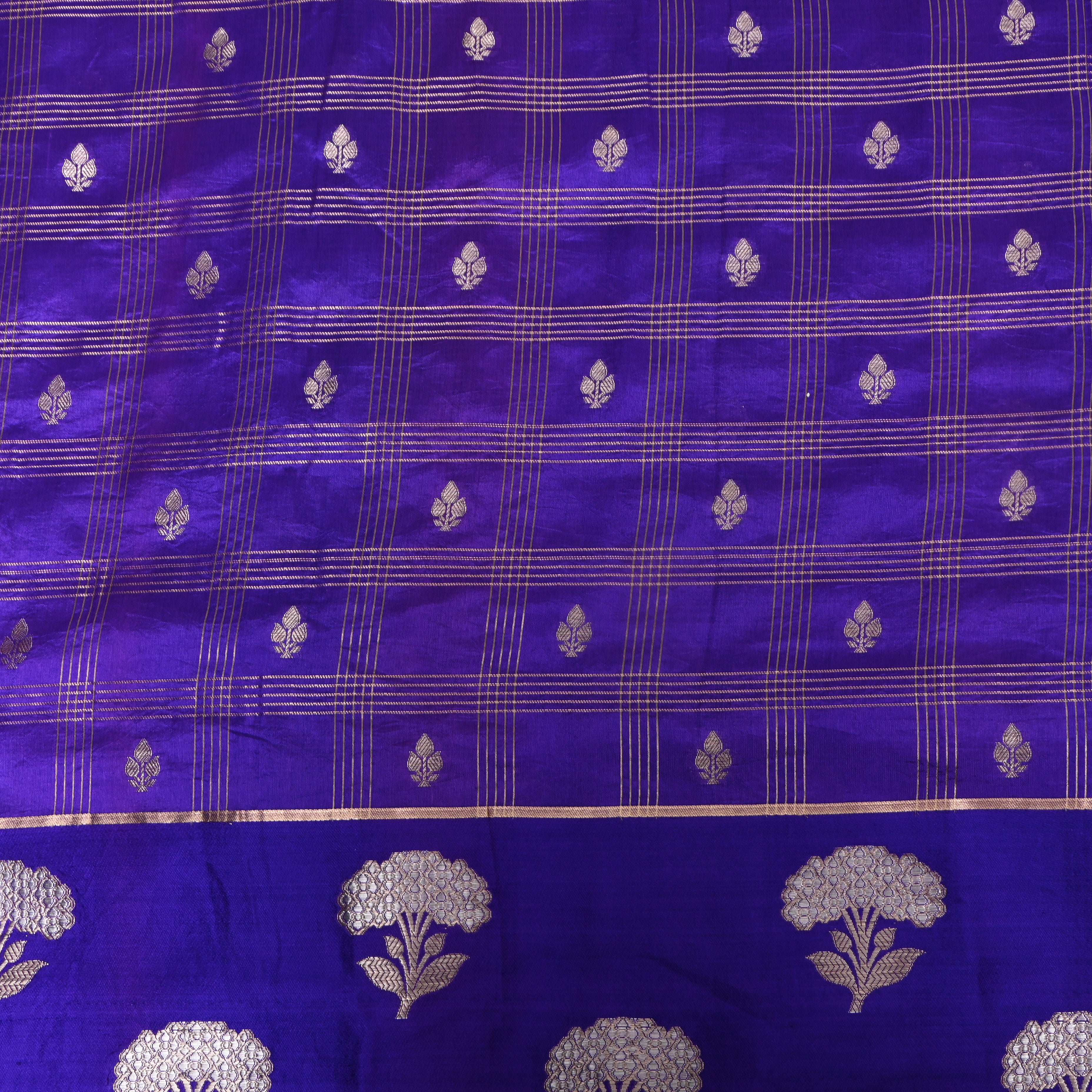 Royal Blue Jamawar With Striped Weave And Floral Border