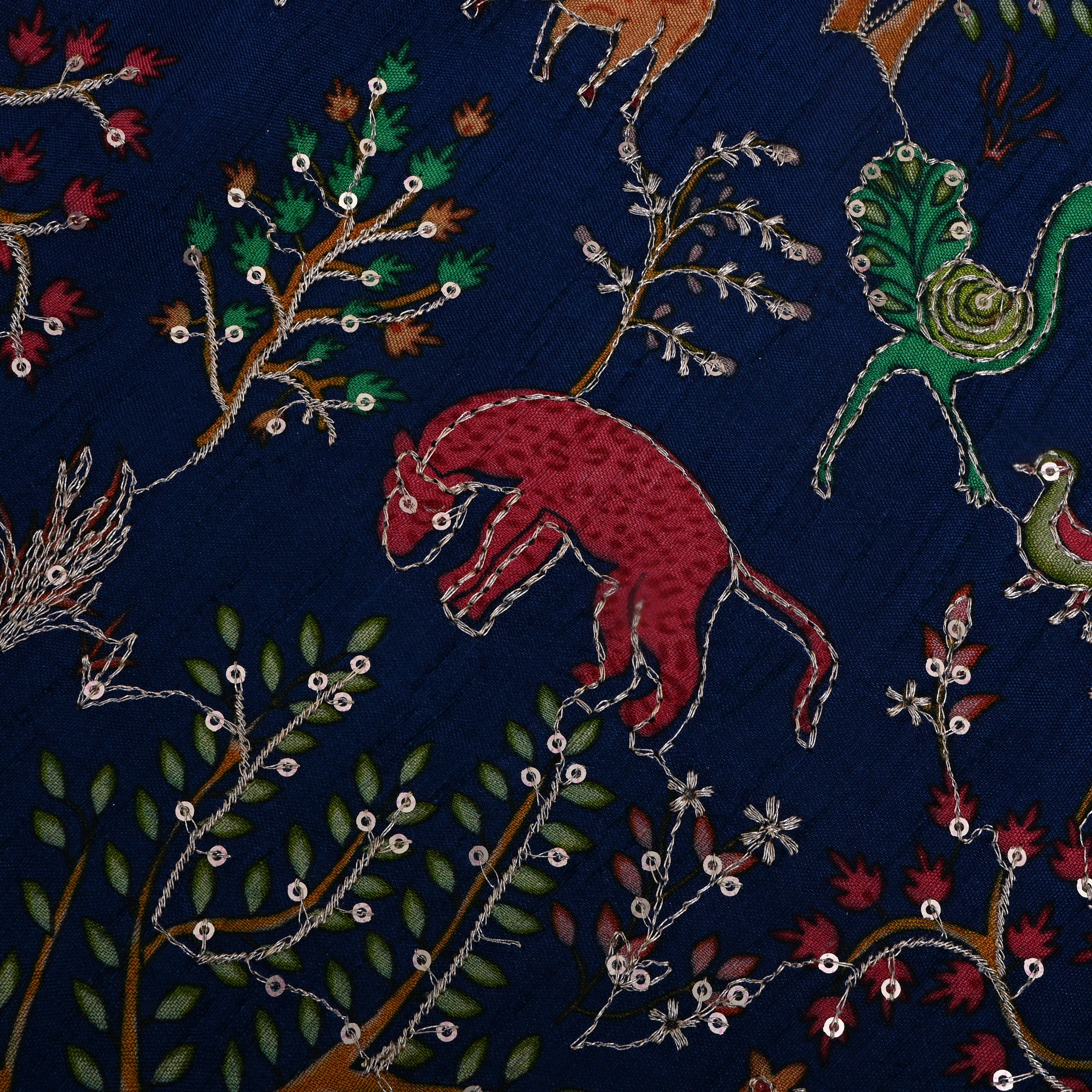 Navy Blue Jungle Printed Silk Fabric