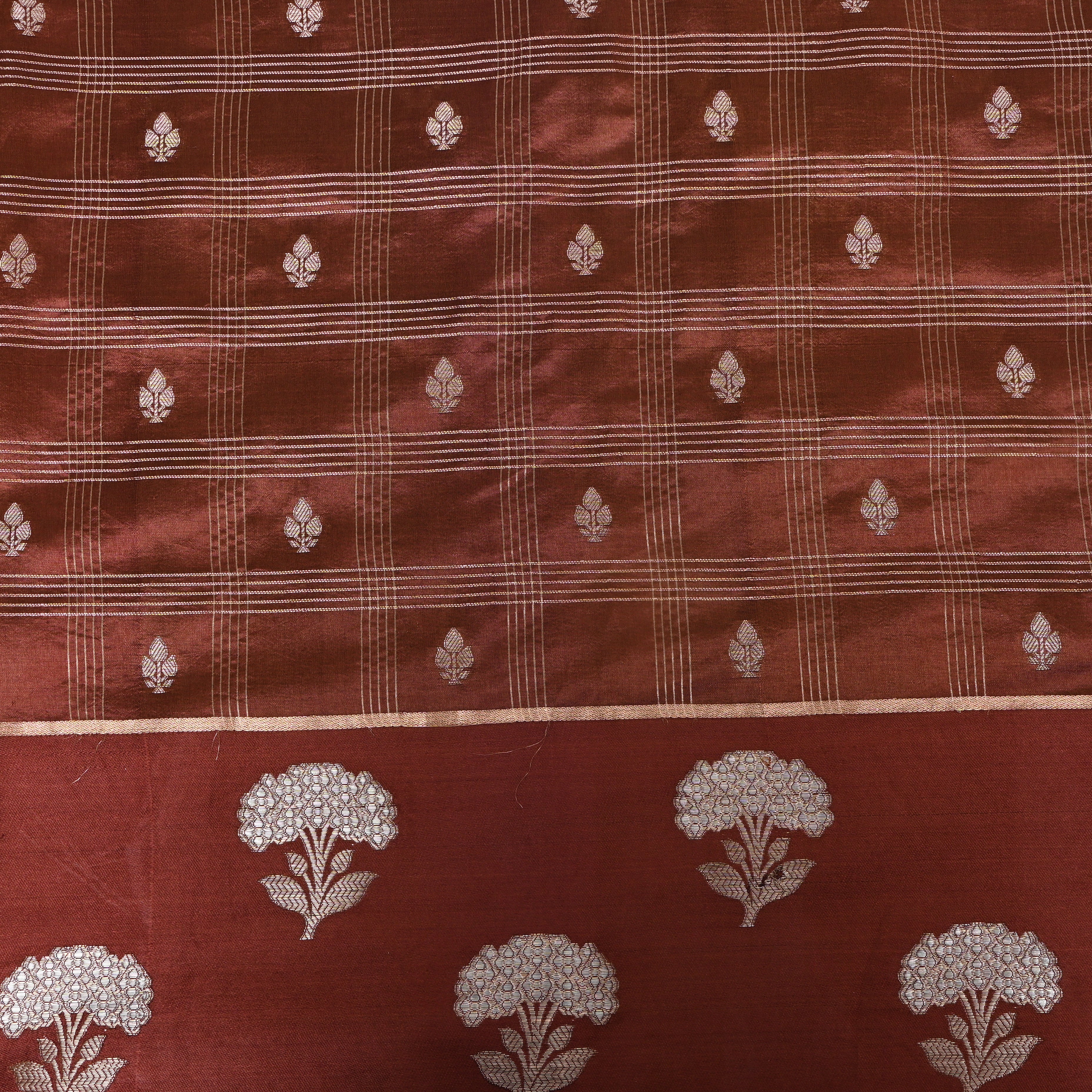 Rust Brown Jamawar With Striped Weave And Floral Border
