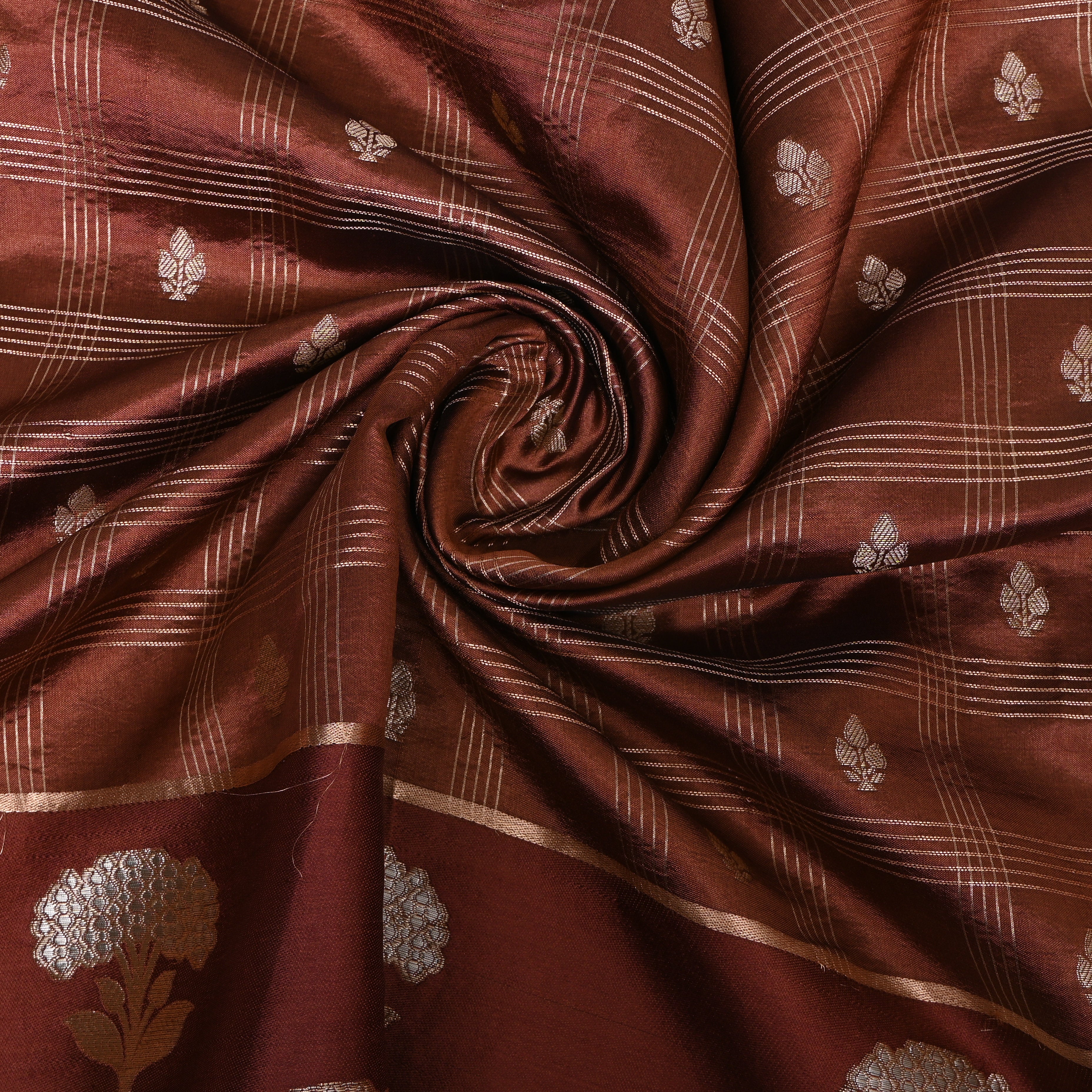 Rust Brown Jamawar With Striped Weave And Floral Border