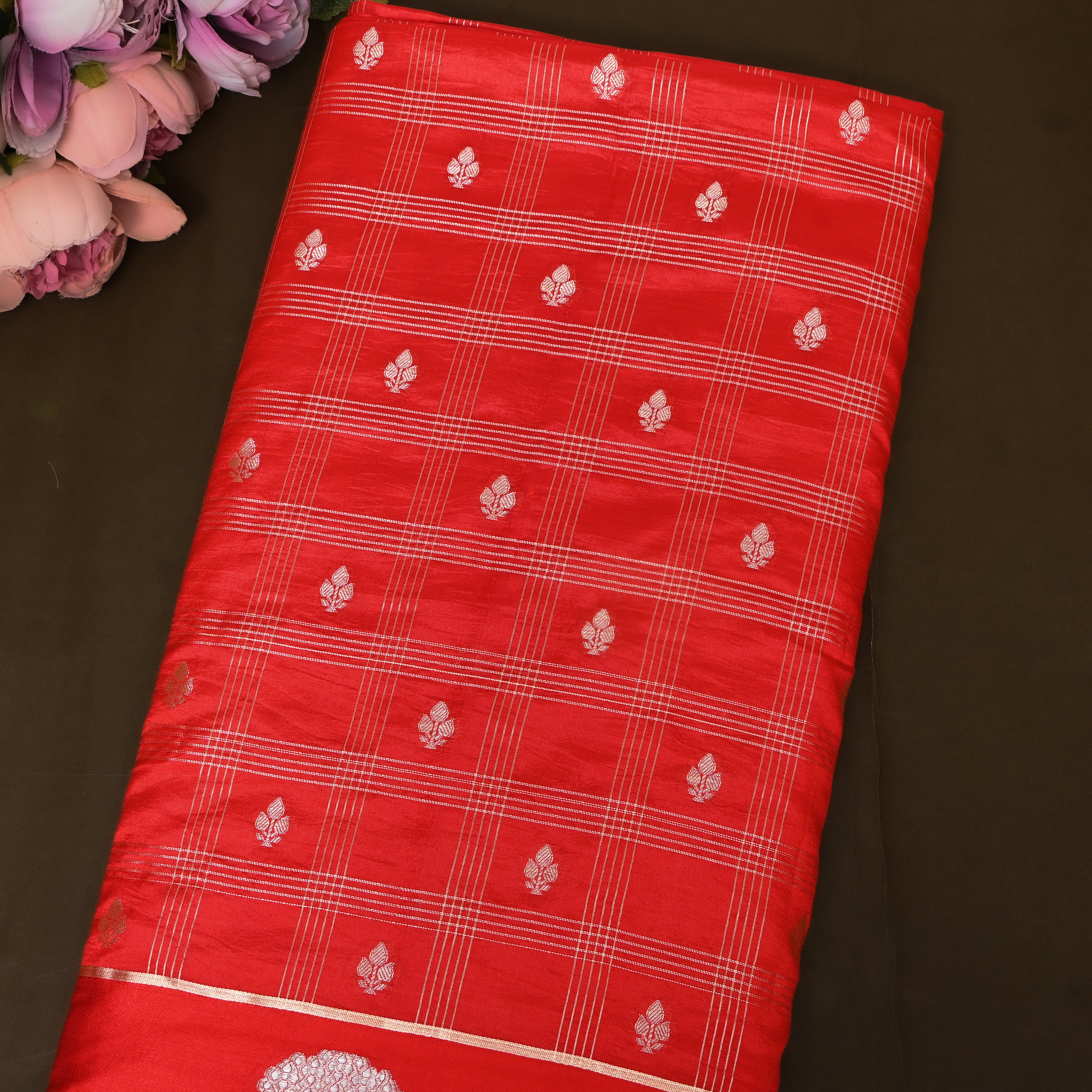 Bright Red Jamawar With Striped Weave And Floral Border