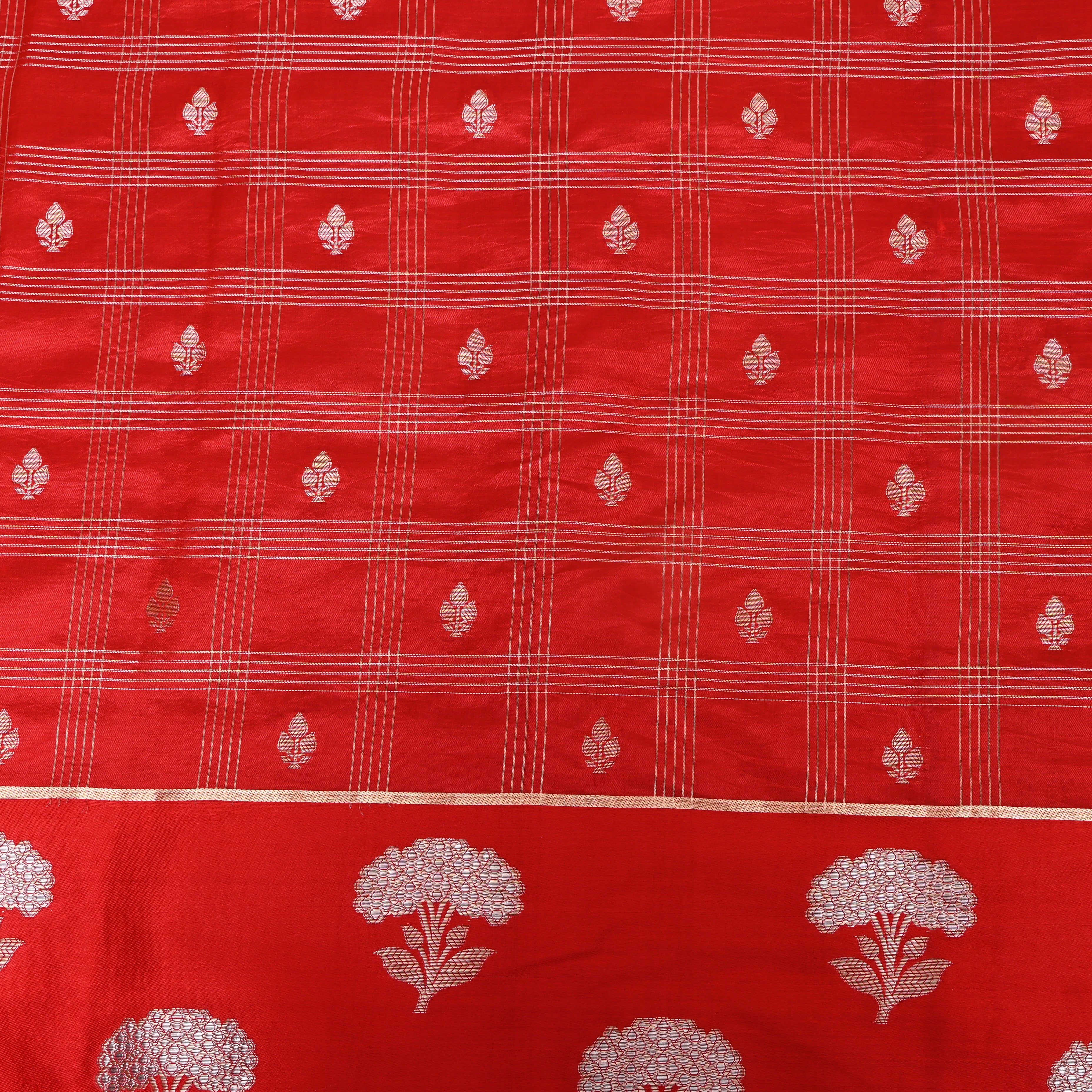 Bright Red Jamawar With Striped Weave And Floral Border