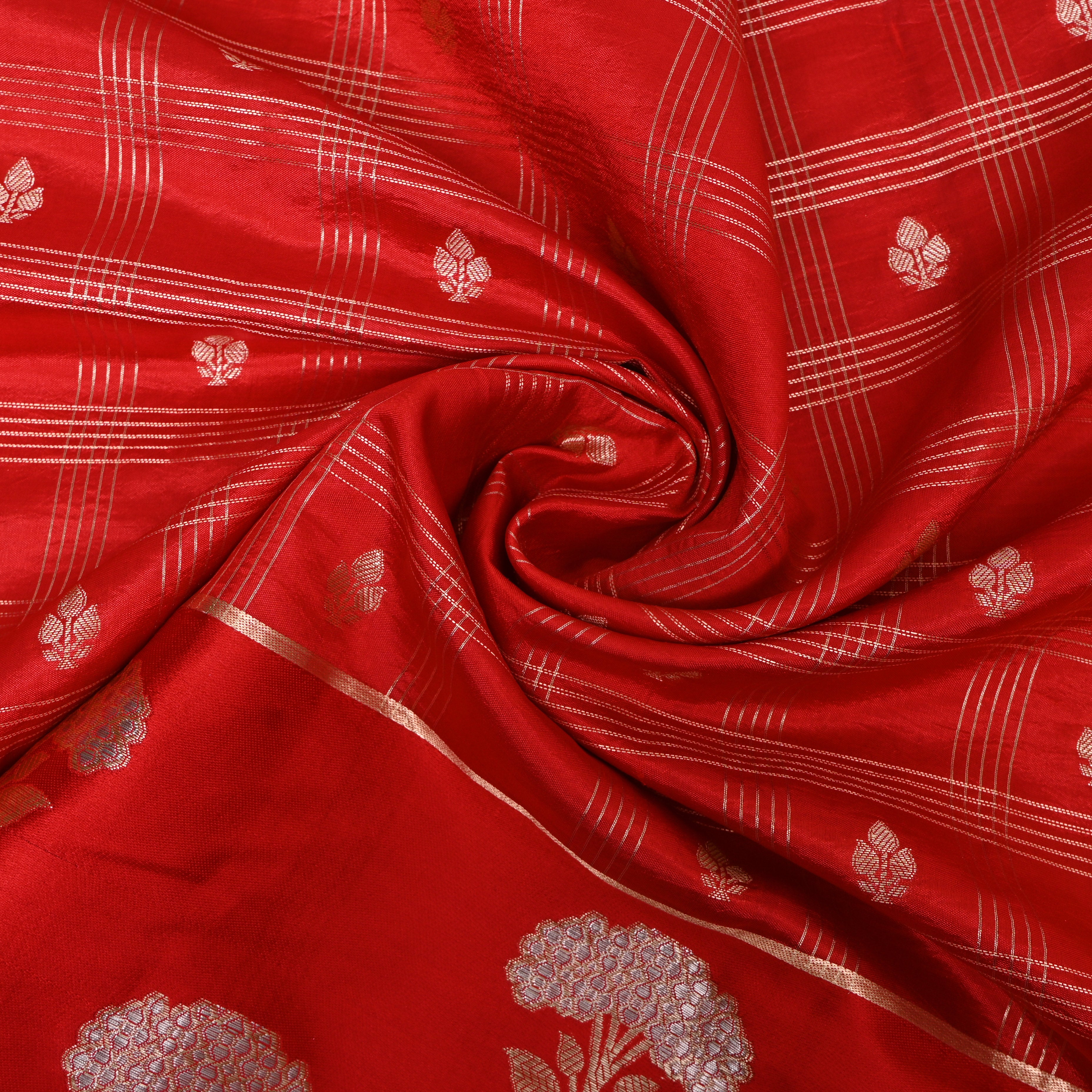 Bright Red Jamawar With Striped Weave And Floral Border
