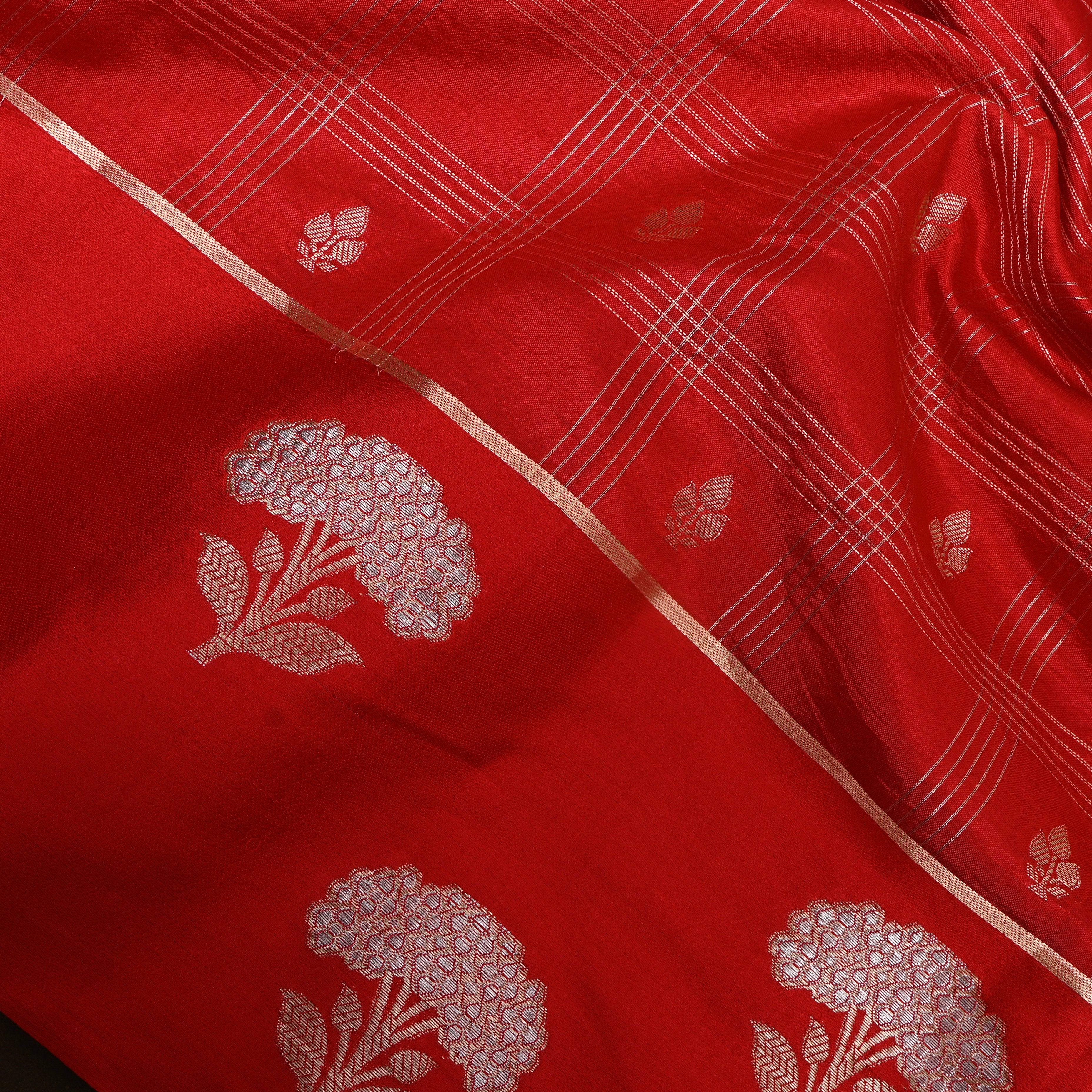 Bright Red Jamawar With Striped Weave And Floral Border
