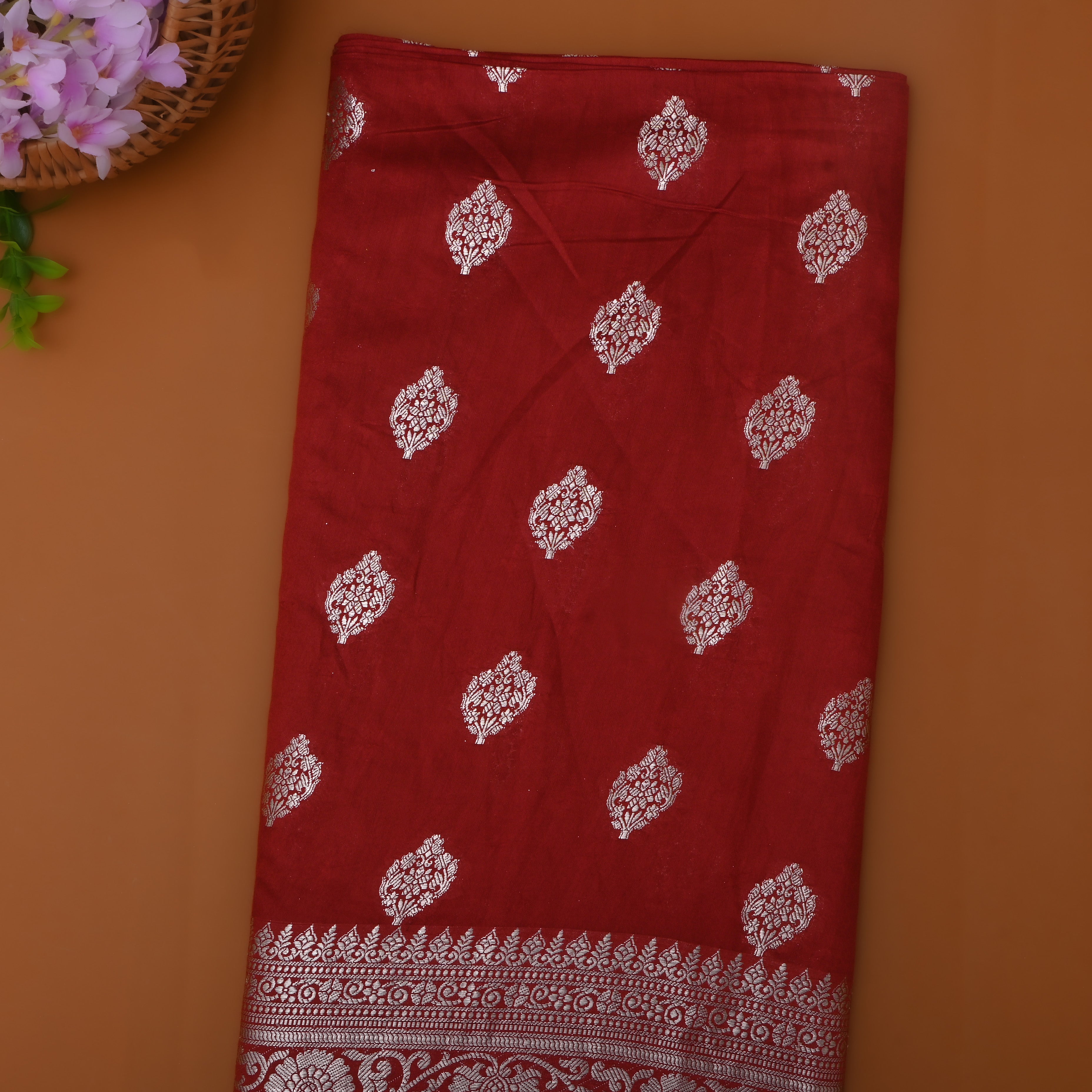 Maroon Floral Silver Zari Silk Fabric