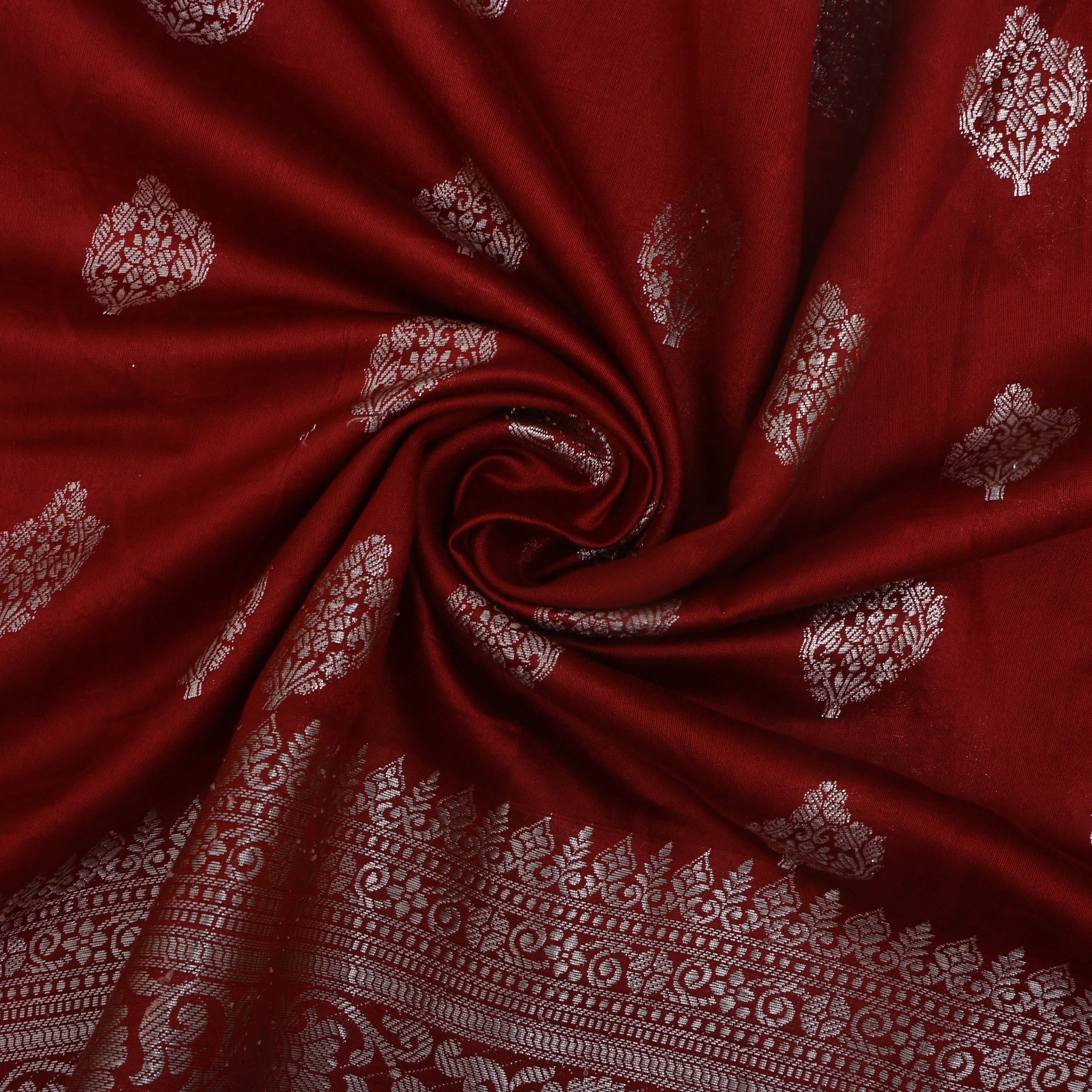 Maroon Floral Silver Zari Silk Fabric