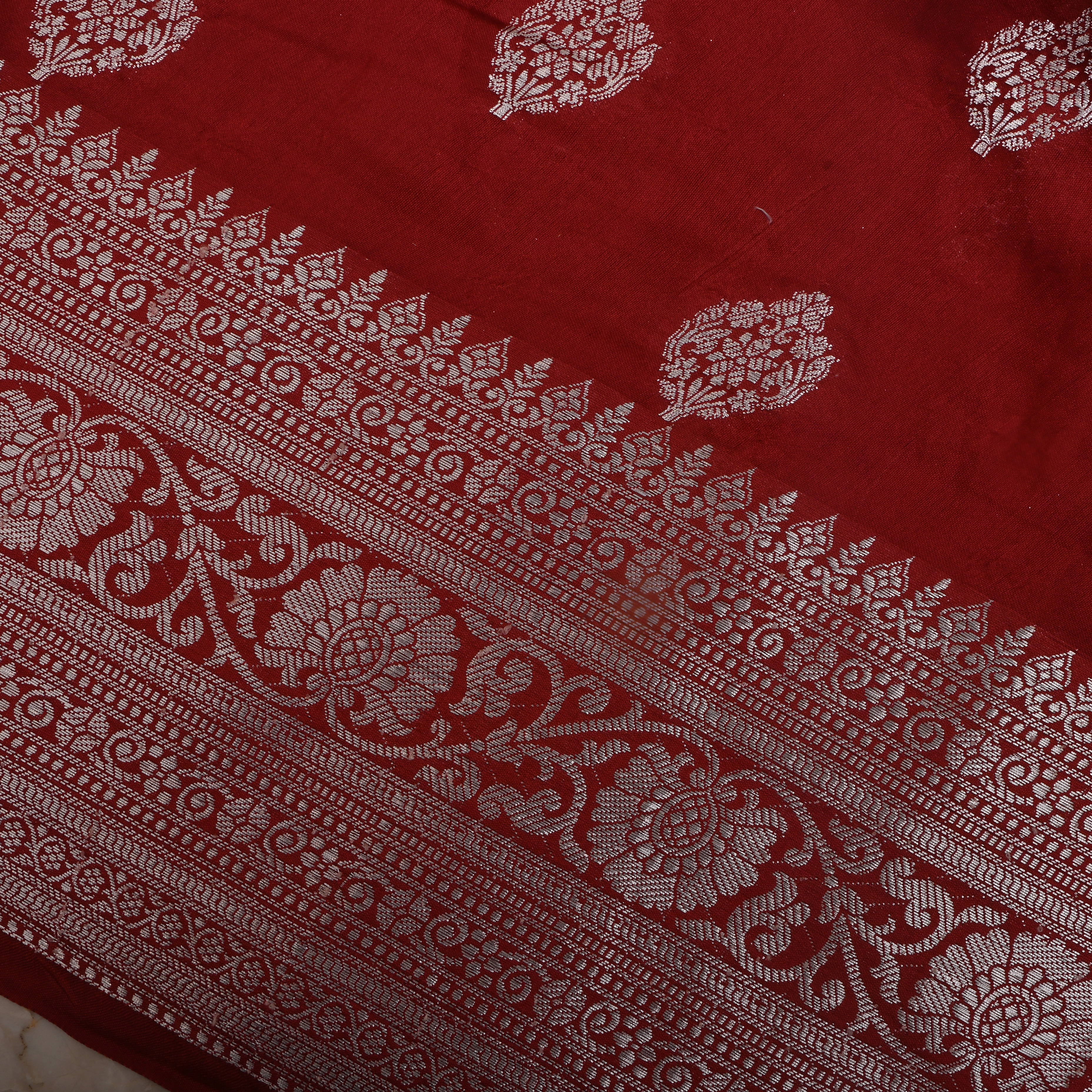 Maroon Floral Silver Zari Silk Fabric