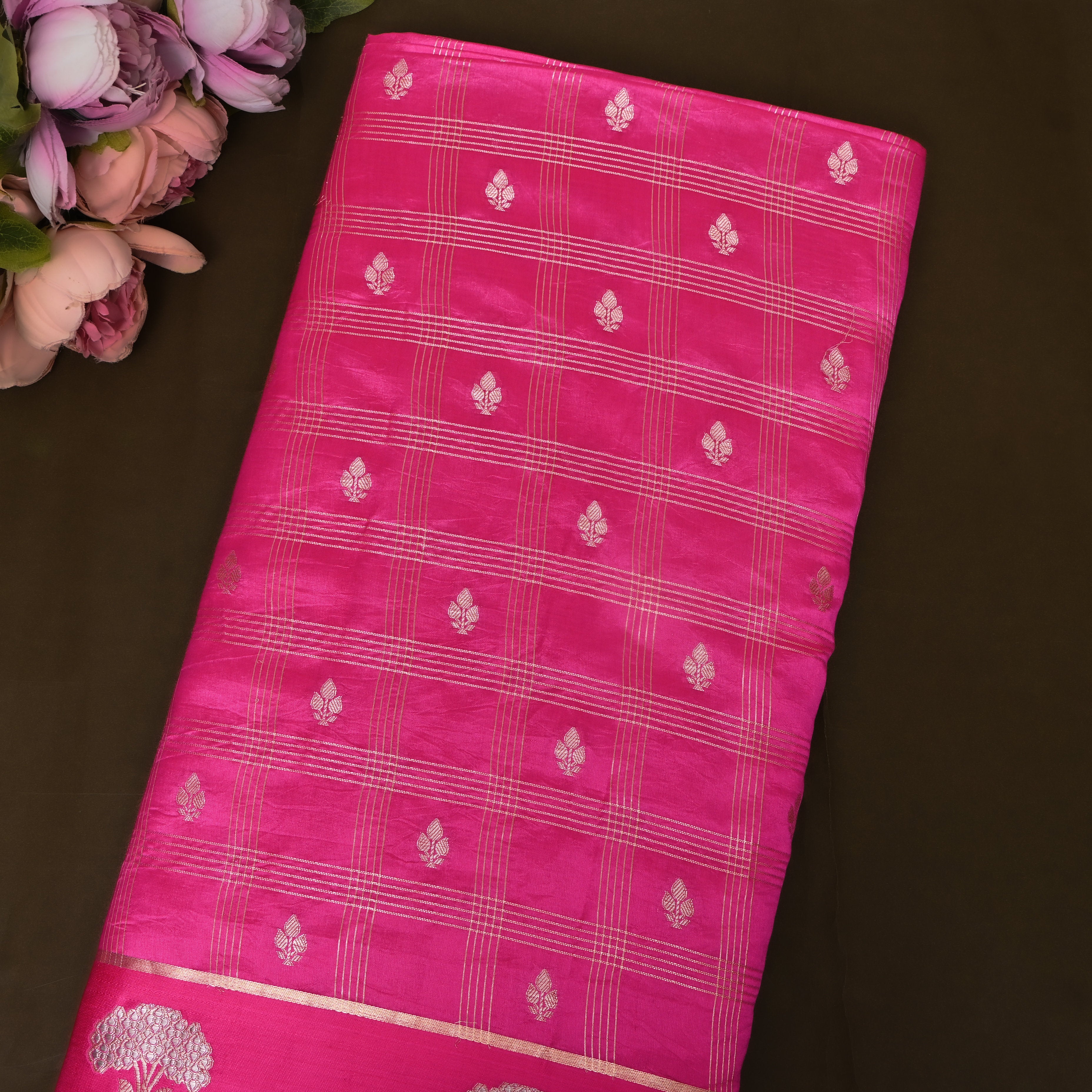 Rani Pink Jamawar With Striped Weave And Floral Border