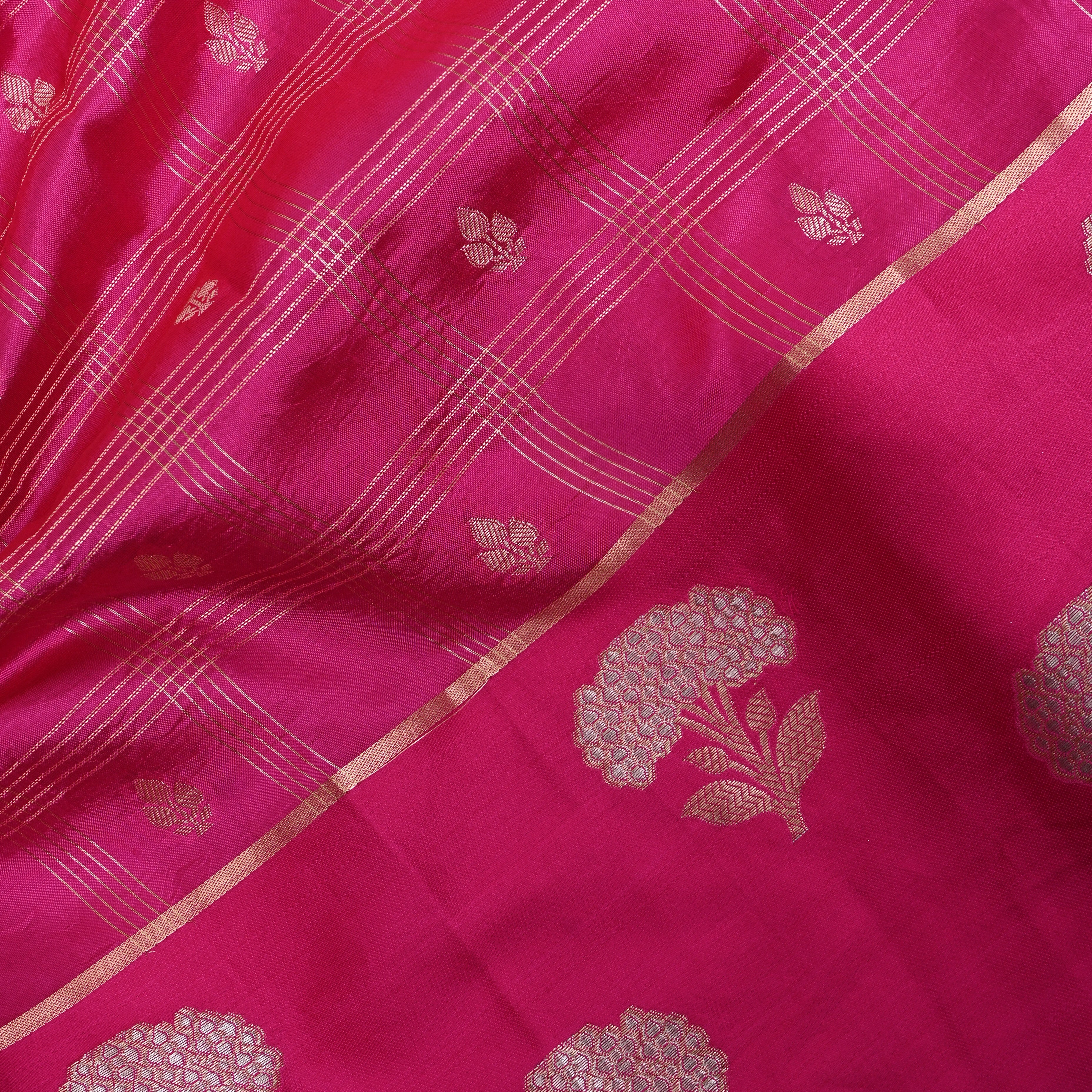 Rani Pink Jamawar With Striped Weave And Floral Border