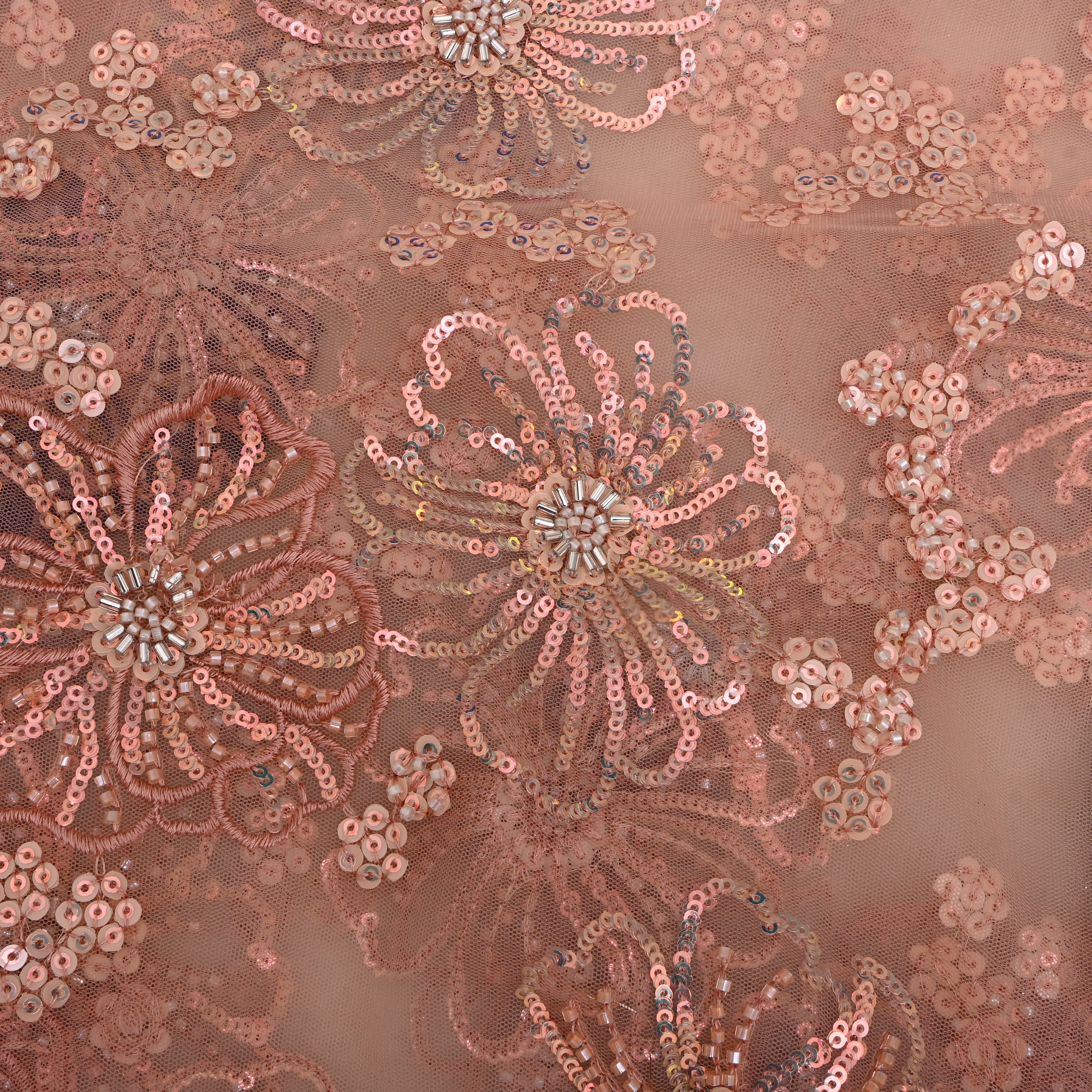 Pastel Pink Floral Embroidered Net Fabric
