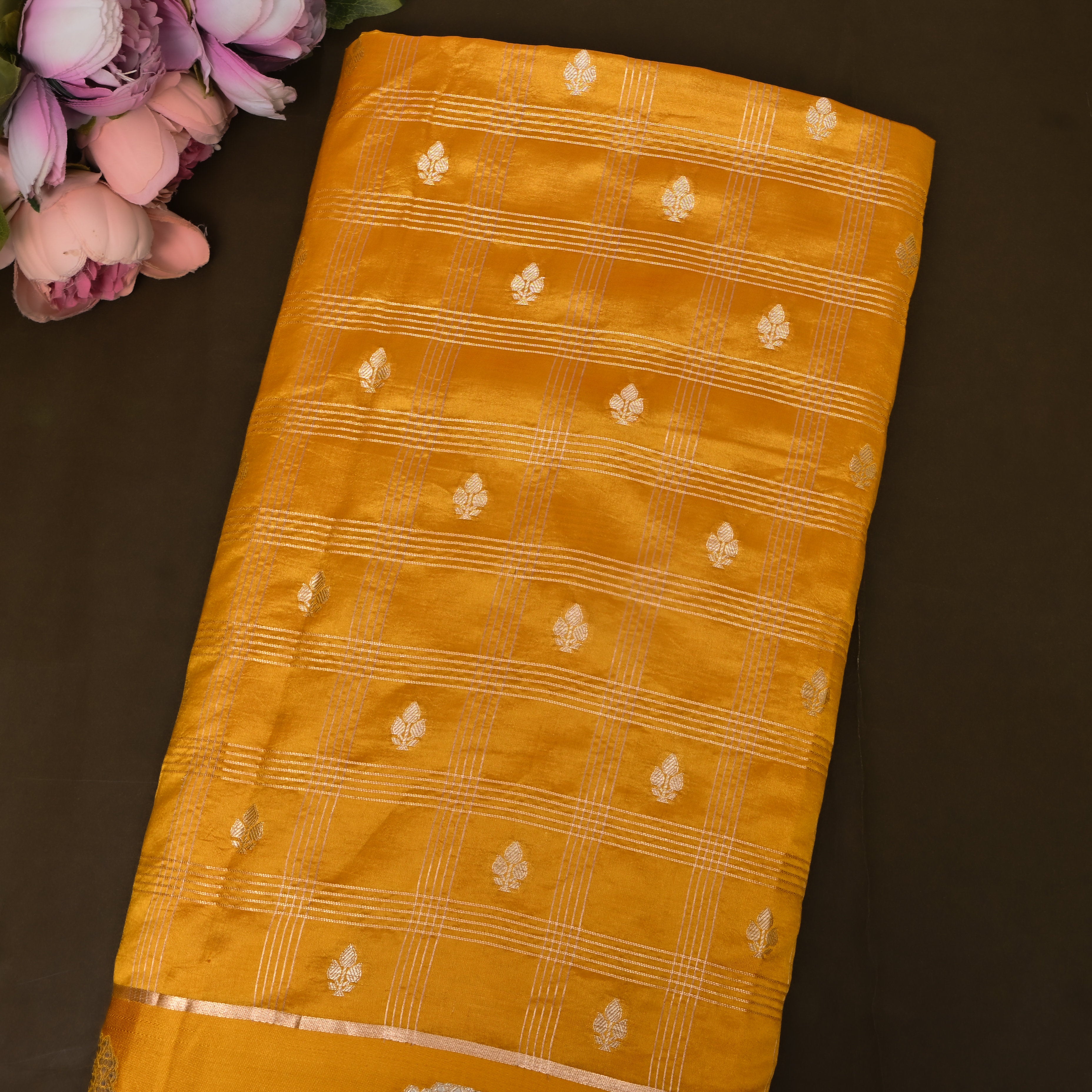 Golden Mustard Jamawar With Striped Weave And Floral Border