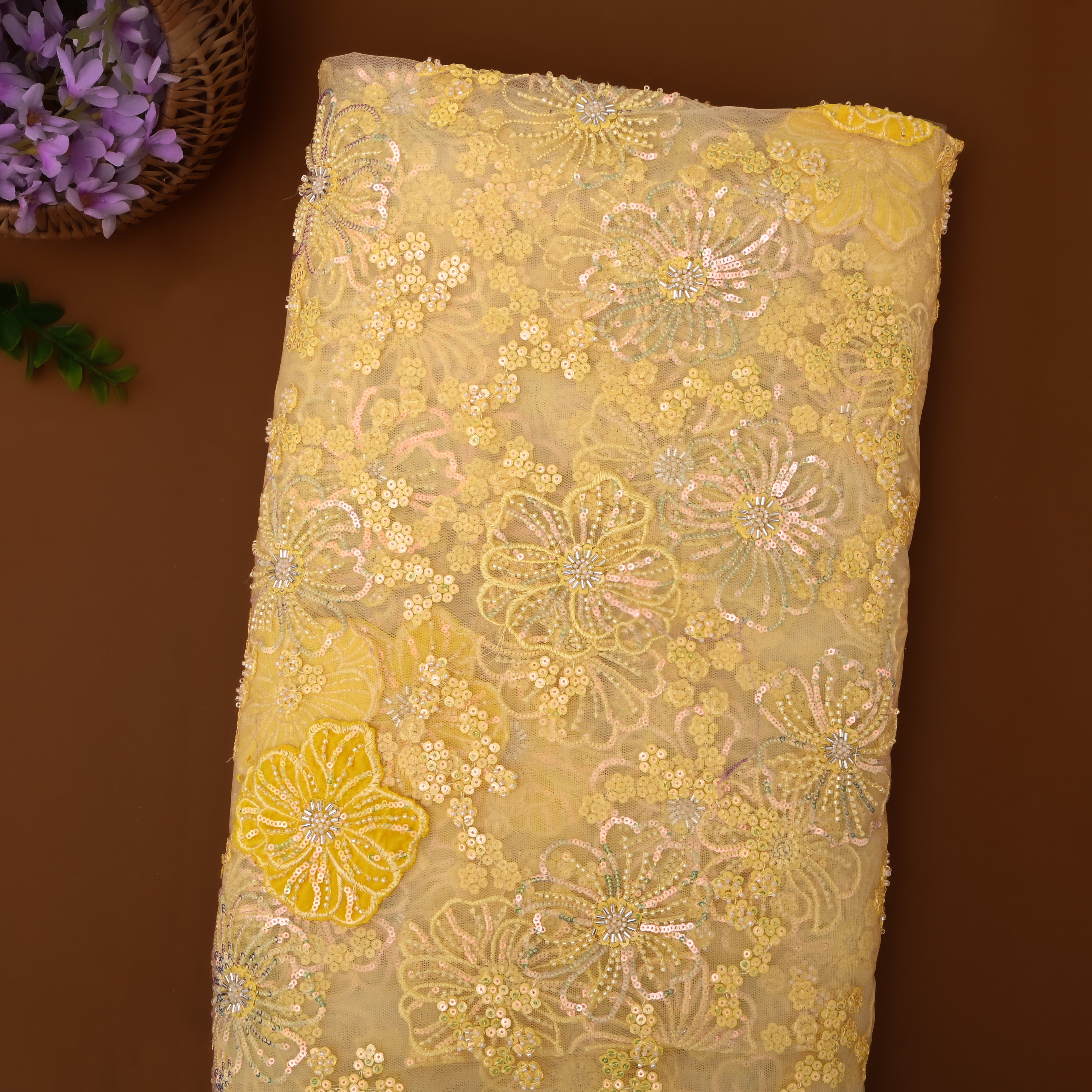 Pastel Yellow Floral Embroidered Net Fabric