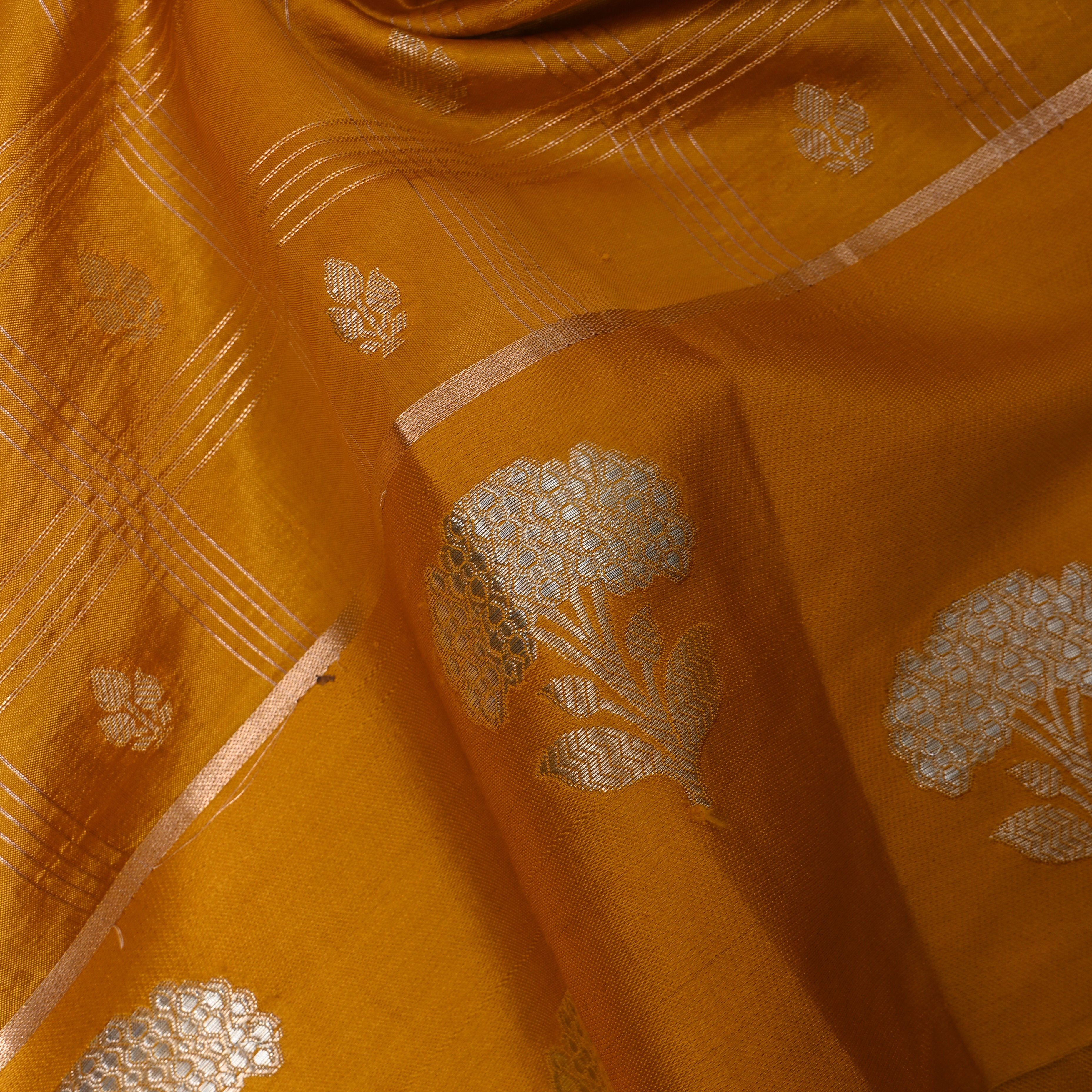 Golden Mustard Jamawar With Striped Weave And Floral Border