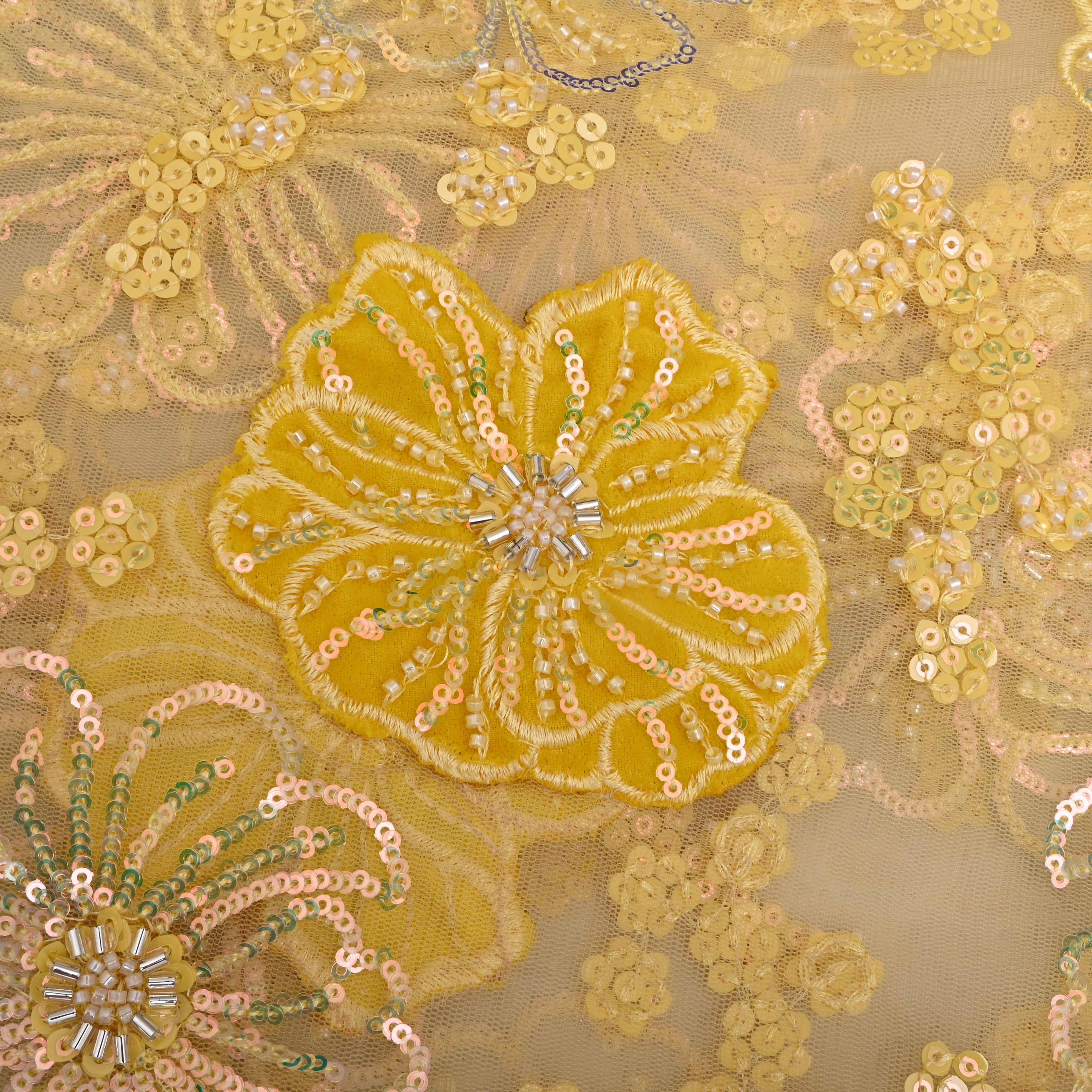 Pastel Yellow Floral Embroidered Net Fabric