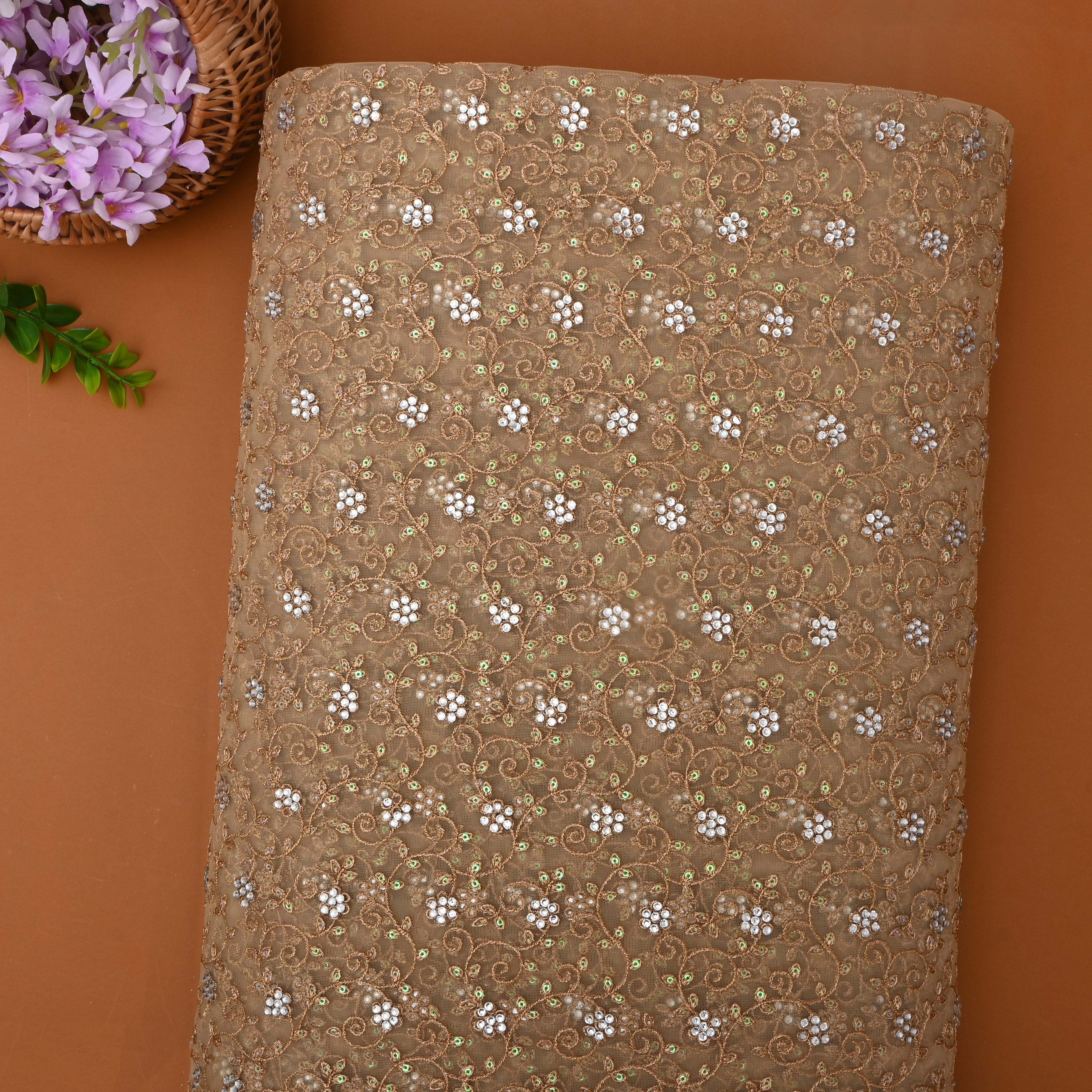 Dark Beige Golden Zari Embroidered Floral Net Fabric