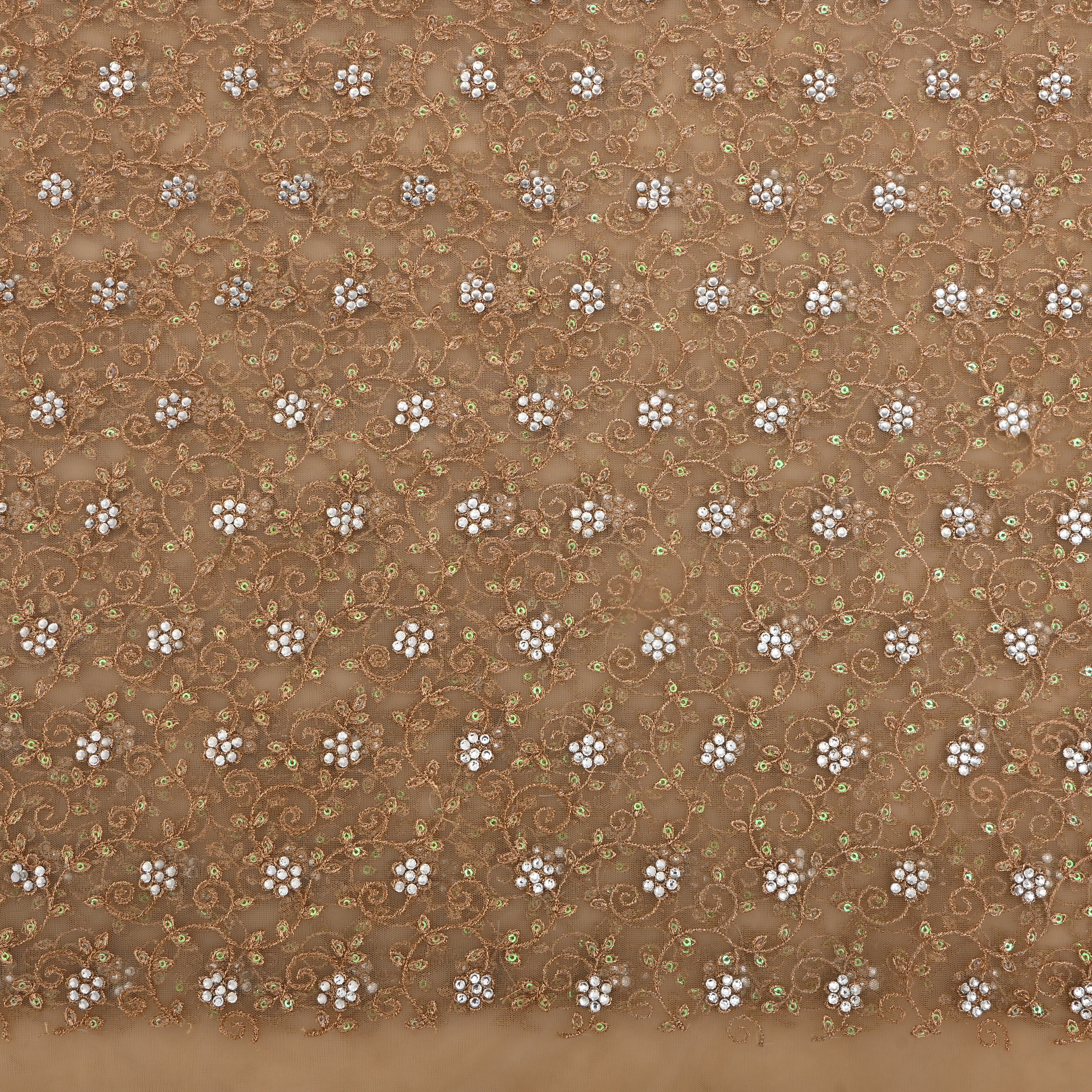 Dark Beige Golden Zari Embroidered Floral Net Fabric