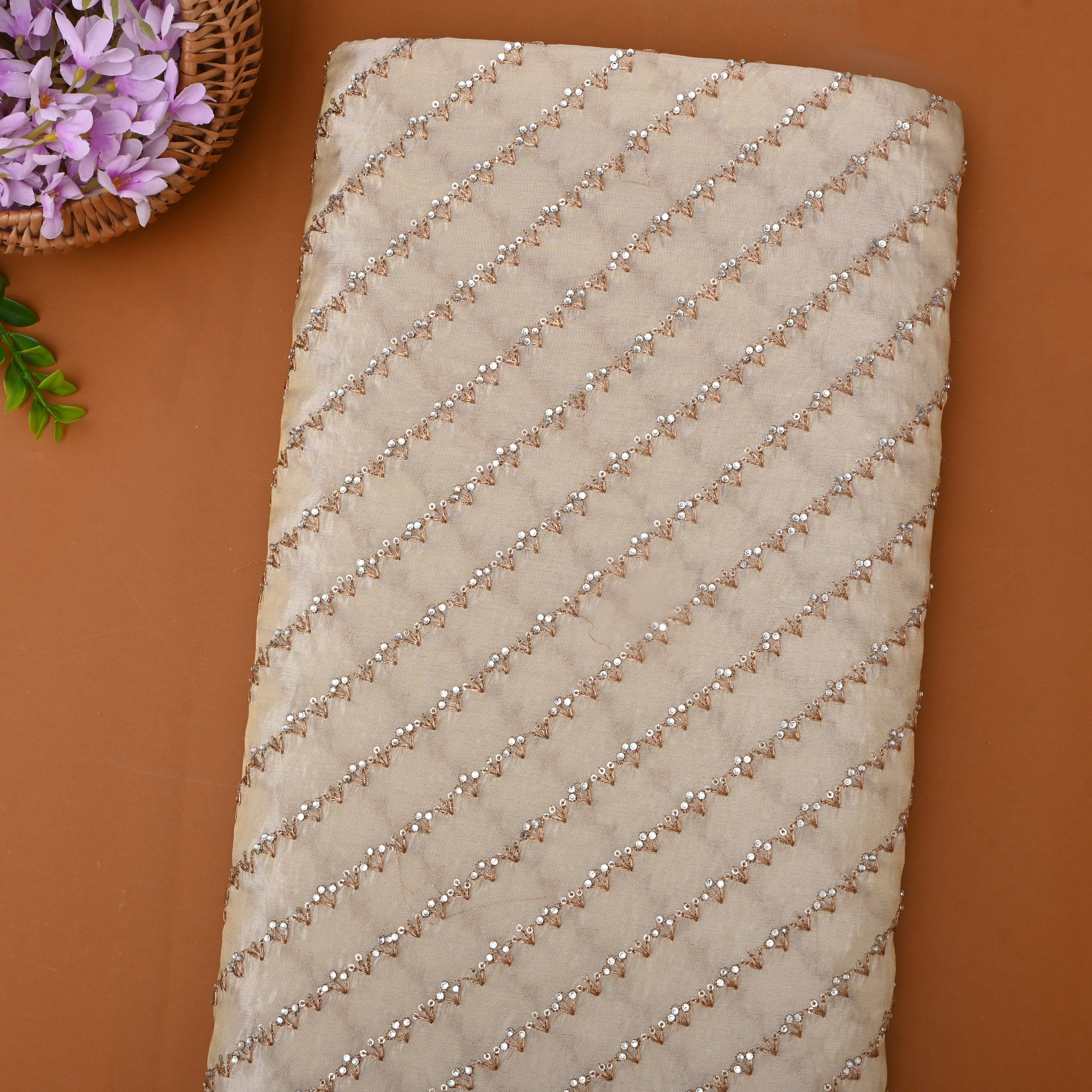 Off-White And Gold Embroidered Tissue Fabric