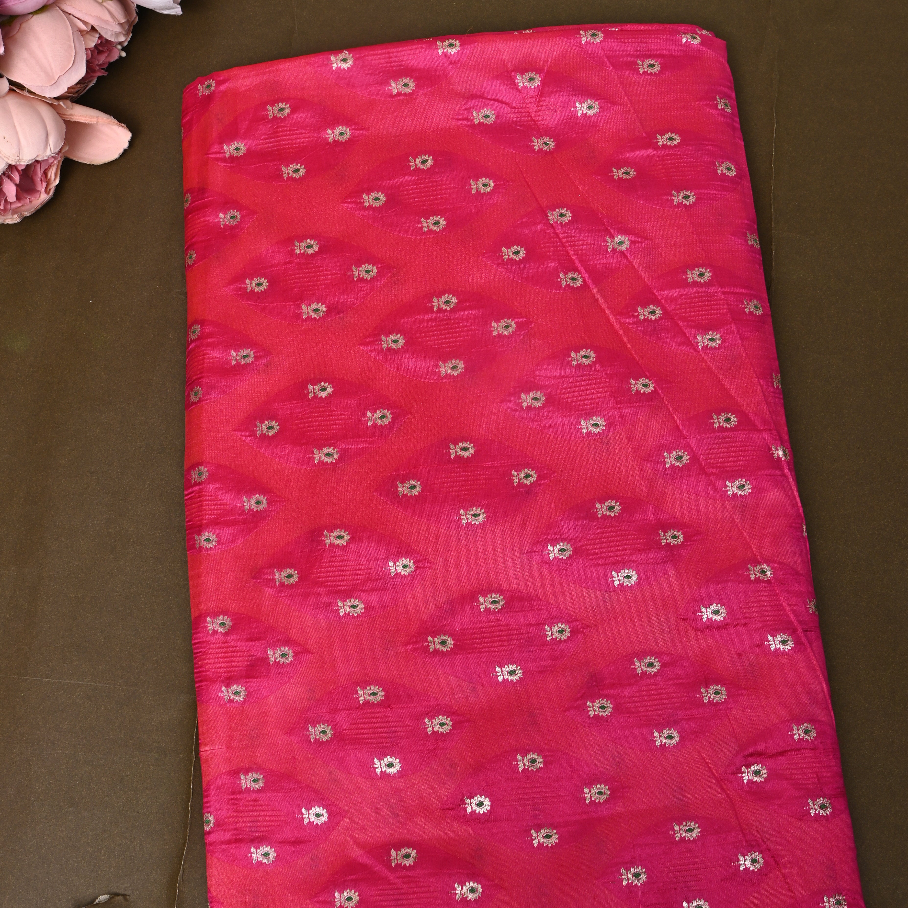 Vivid Pink Jamawar Silk With Woven Silver Motifs