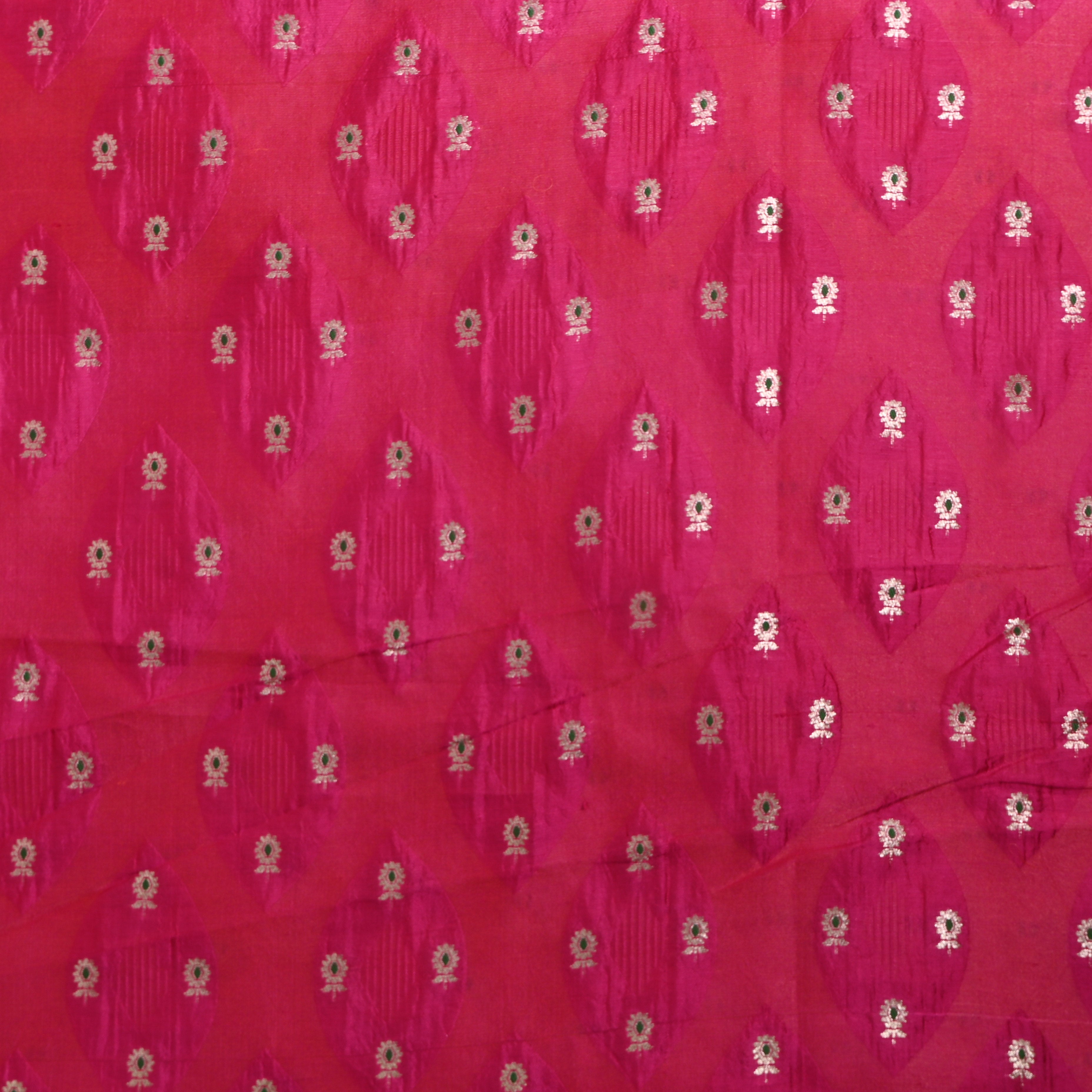Vivid Pink Jamawar Silk With Woven Silver Motifs
