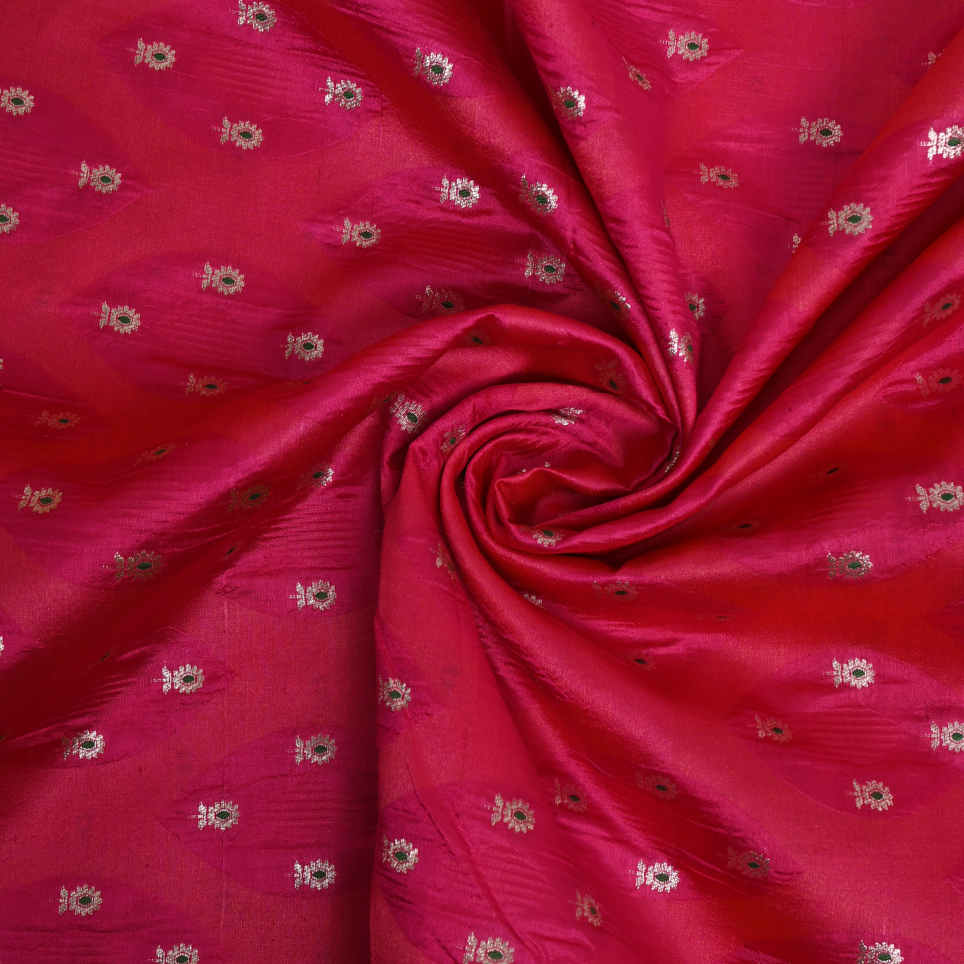 Vivid Pink Jamawar Silk With Woven Silver Motifs