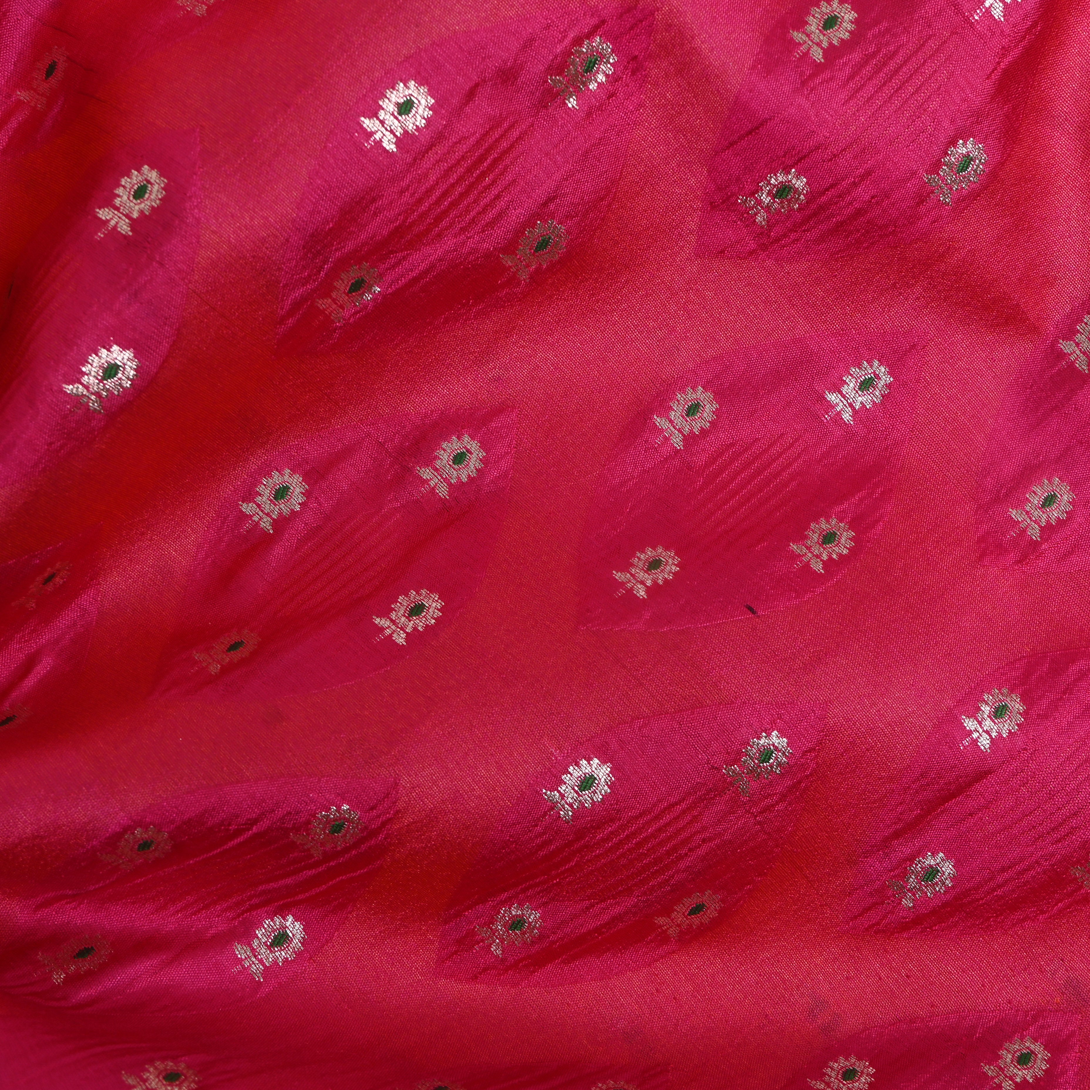 Vivid Pink Jamawar Silk With Woven Silver Motifs
