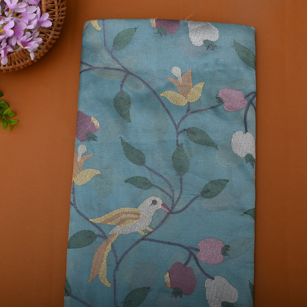 Cerulean Blue Thread Embroidered Tissue Fabric| FabricbySinghanai's