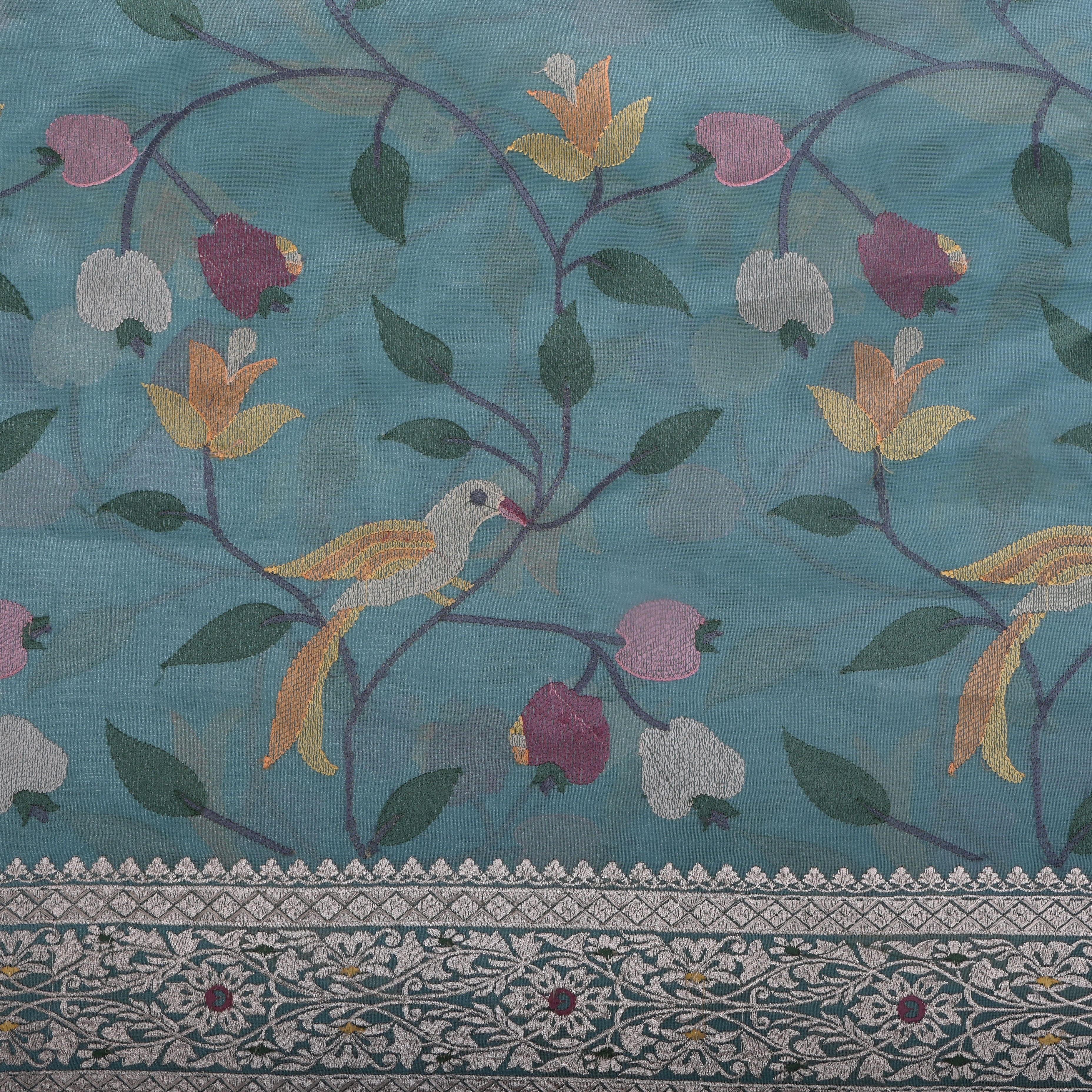 Cerulean Blue Thread Embroidered Tissue Fabric