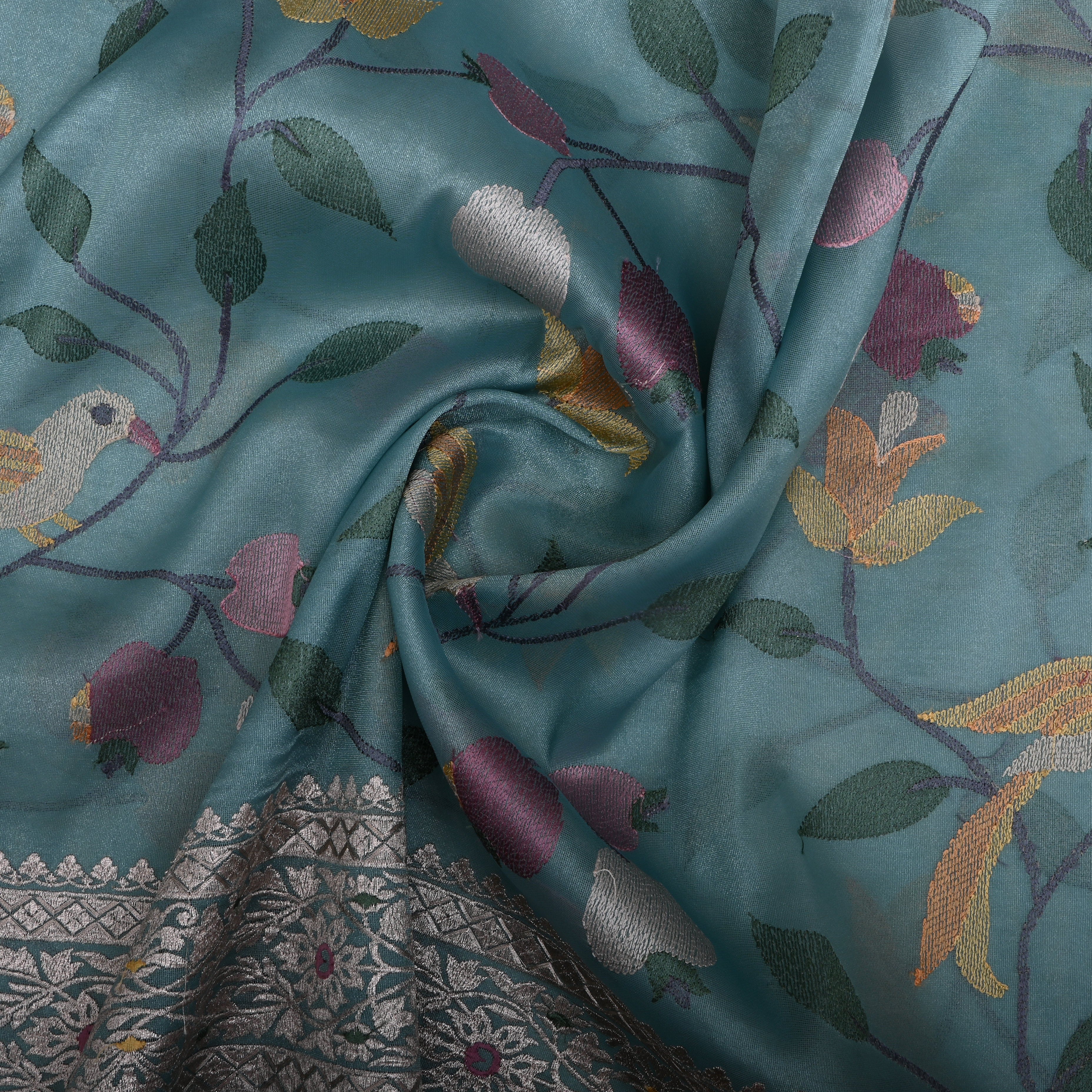 Cerulean Blue Thread Embroidered Tissue Fabric