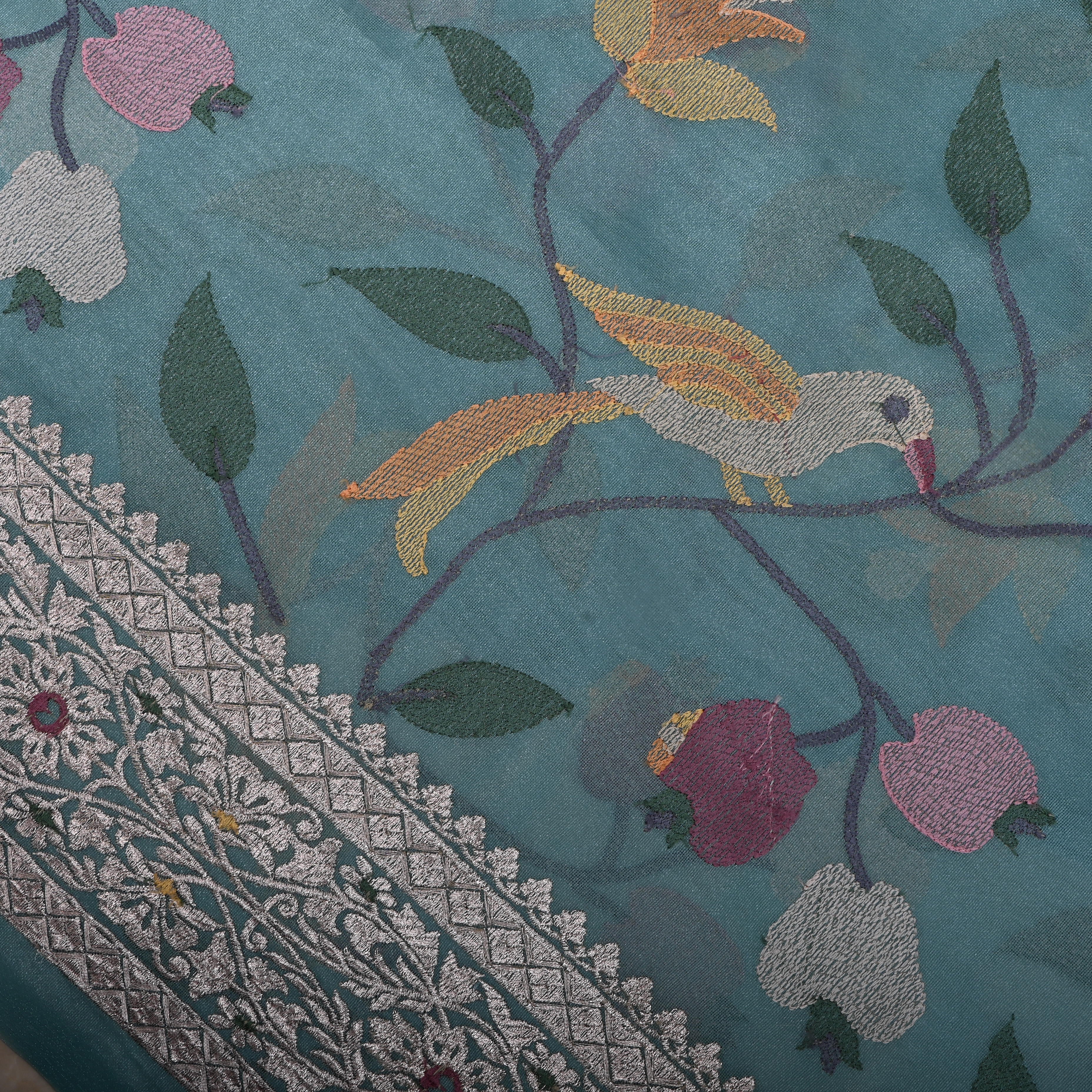 Cerulean Blue Thread Embroidered Tissue Fabric