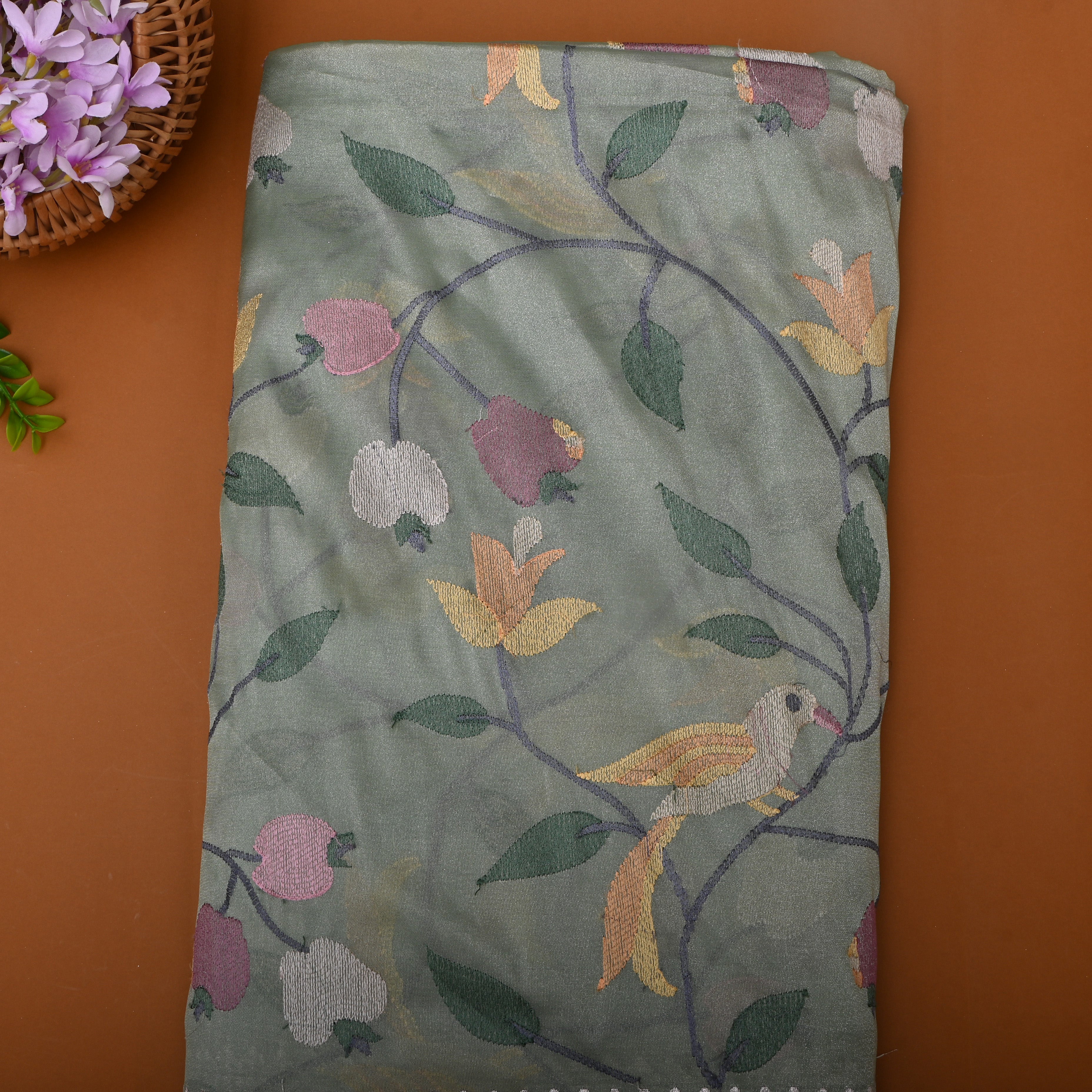 Bluish Grey Thread Embroidered Tissue Fabric