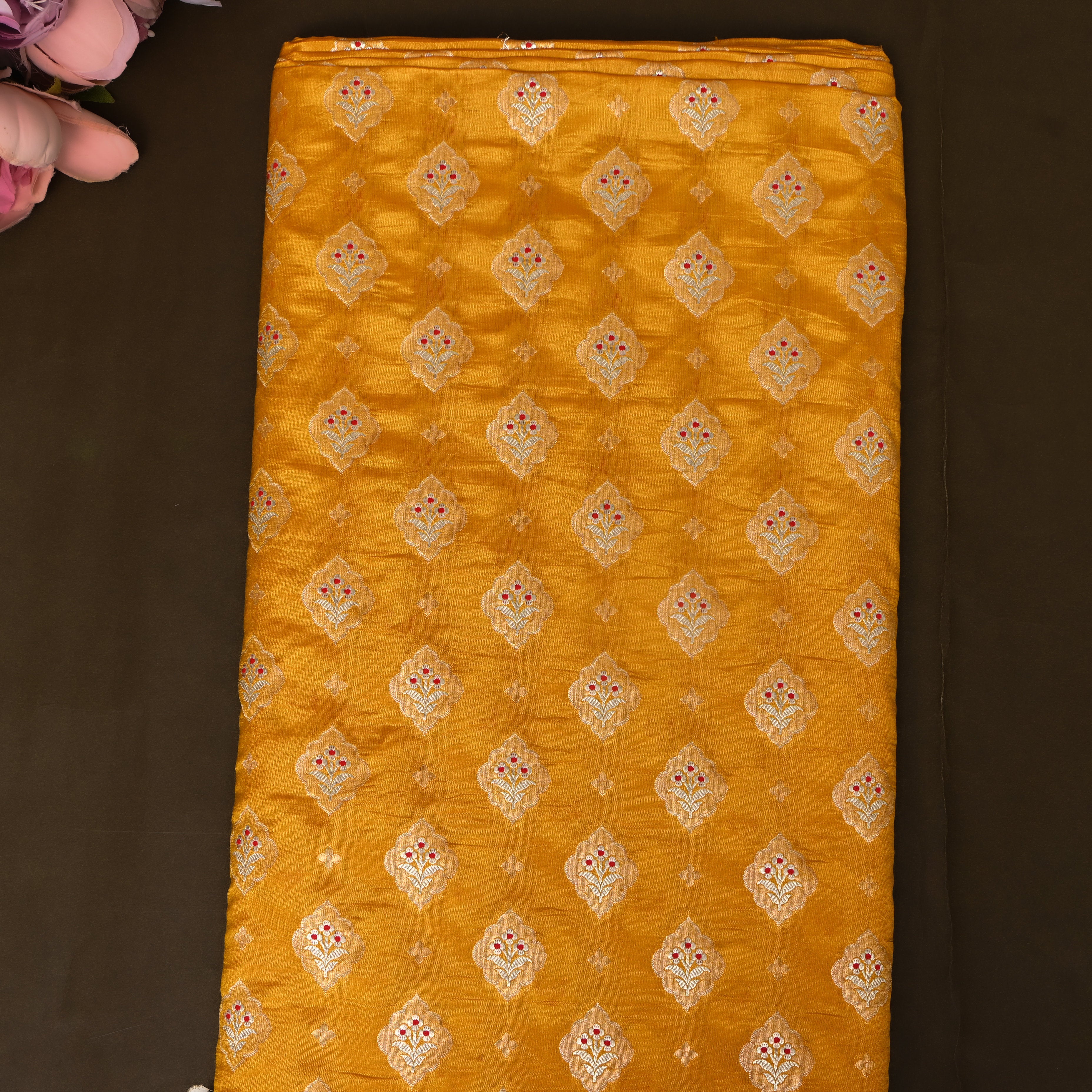 Golden Amber Jamawar With Woven Kalka Motifs
