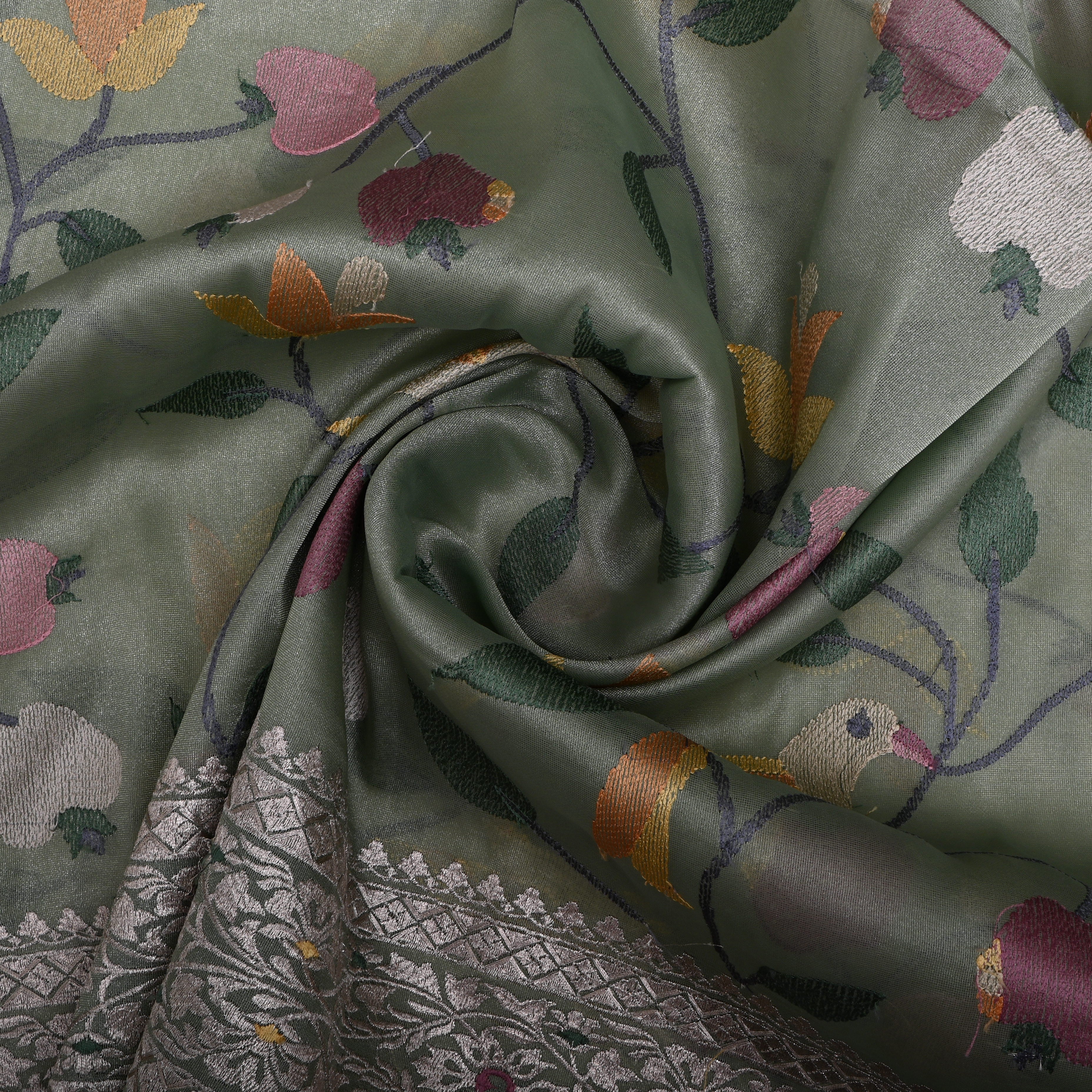 Bluish Grey Thread Embroidered Tissue Fabric