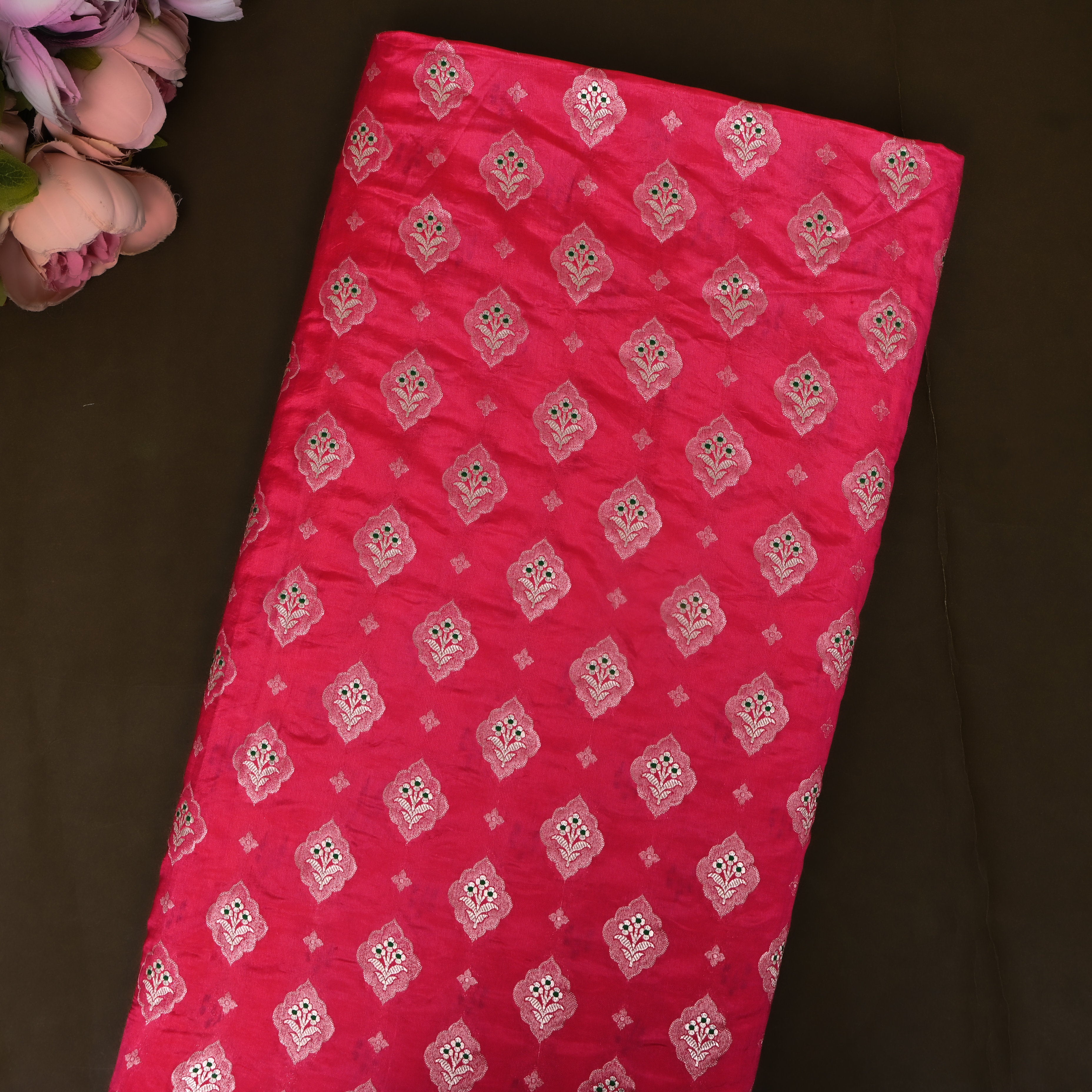 Rani Pink Jamawar With Woven Kalka Motifs