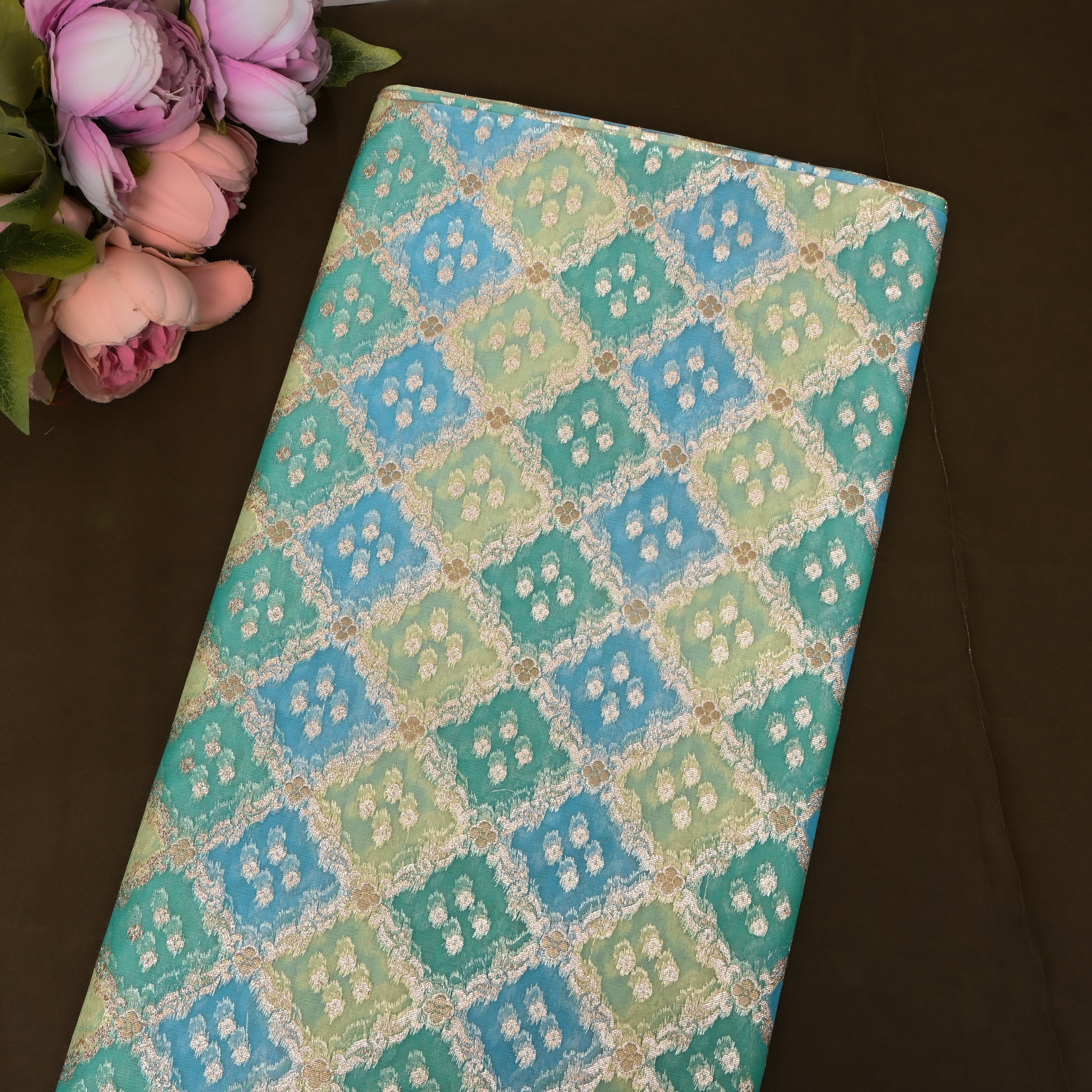 Champagne Beige Metallic Textured Jamawar Fabric
