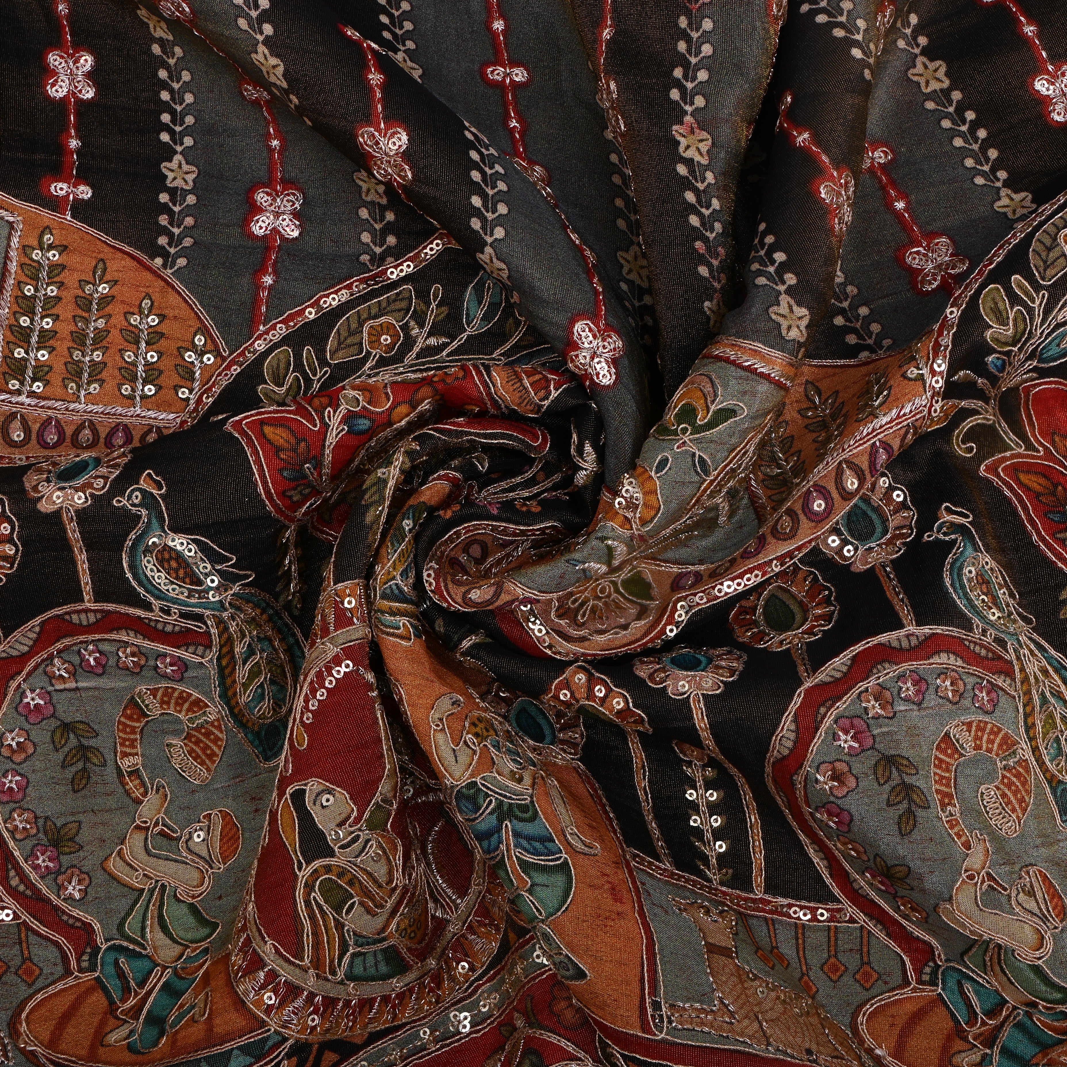 Multicolour Black Embroidered Tissue Fabric