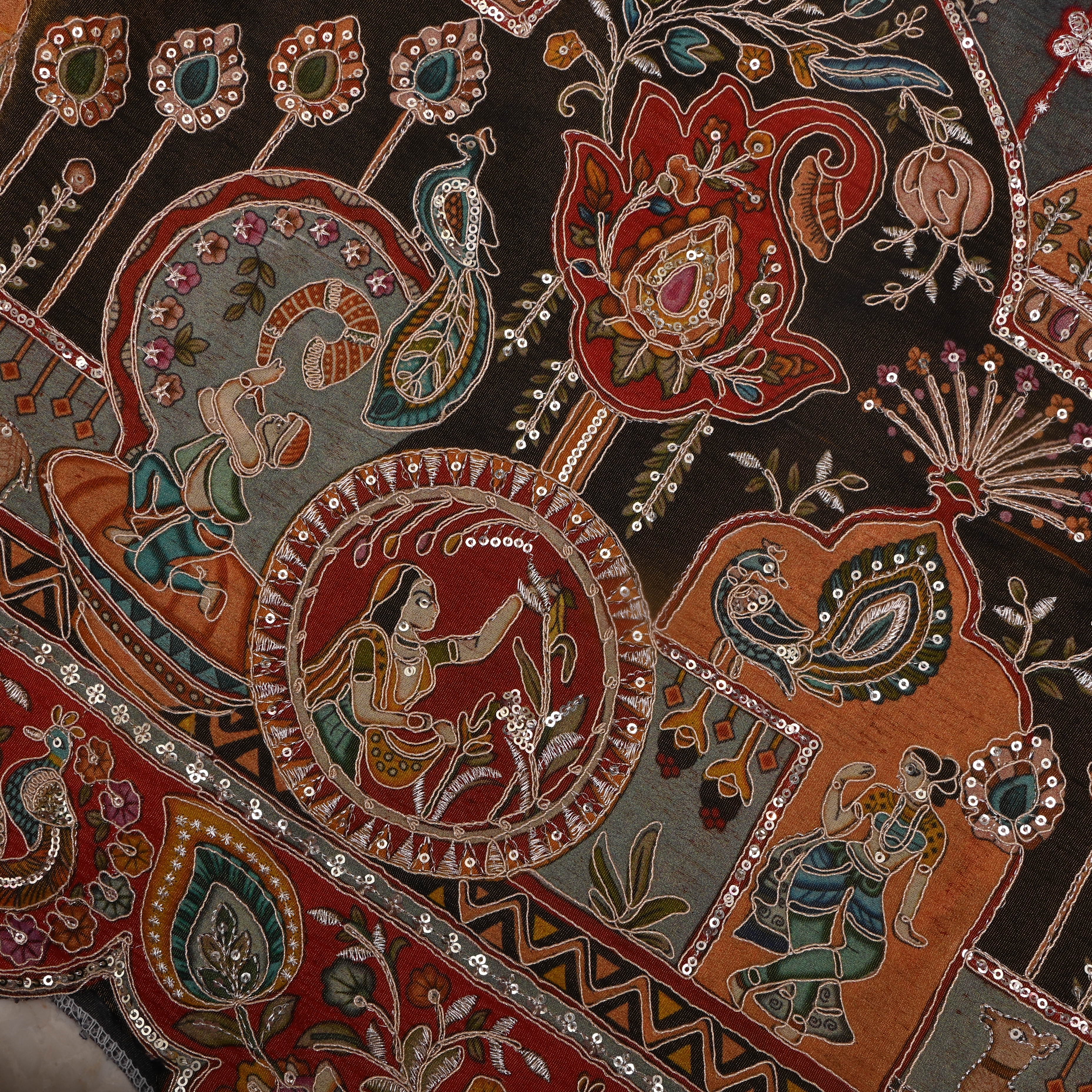 Multicolour Black Embroidered Tissue Fabric