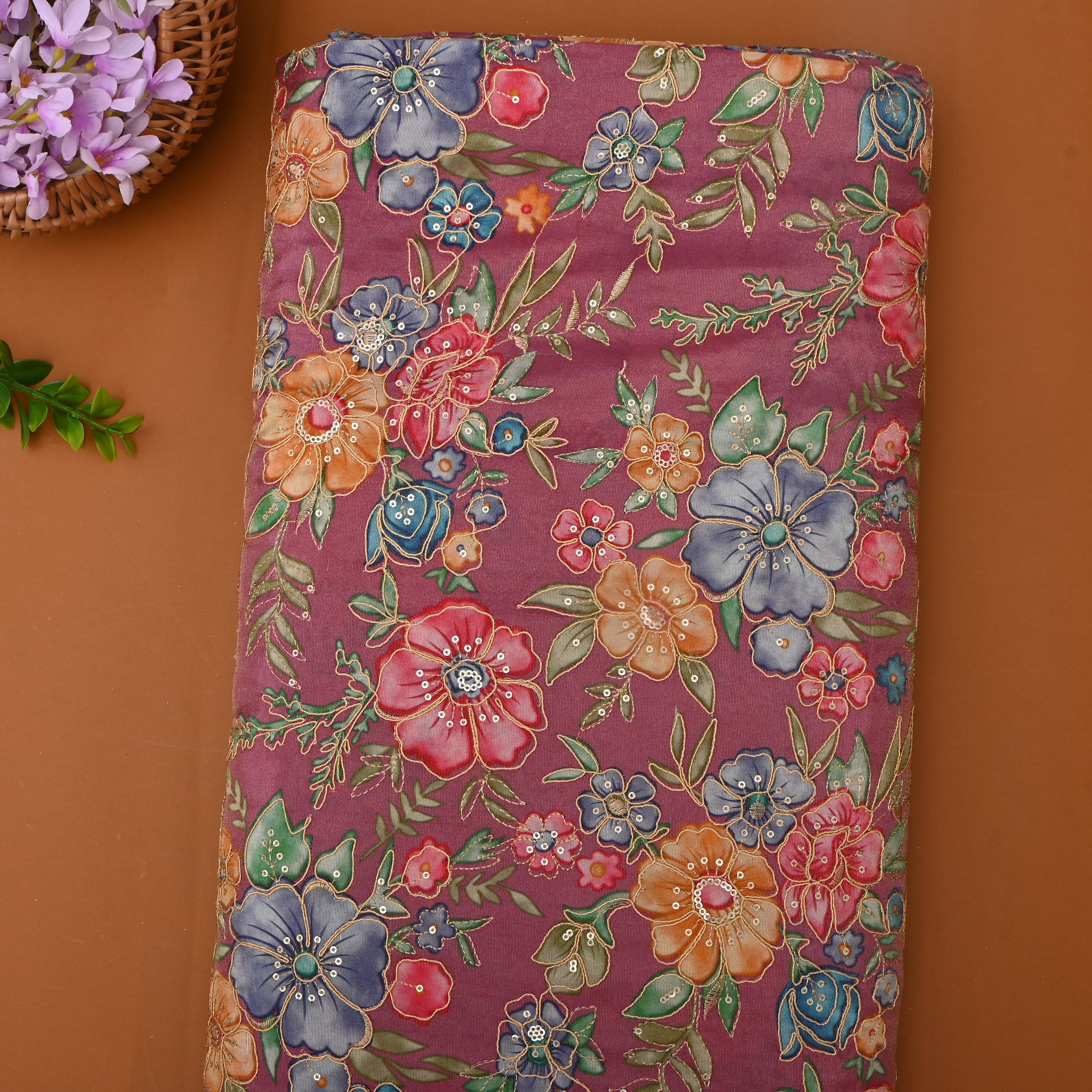 Dark Pink And Multicolour Floral Printed Tissue Fabric