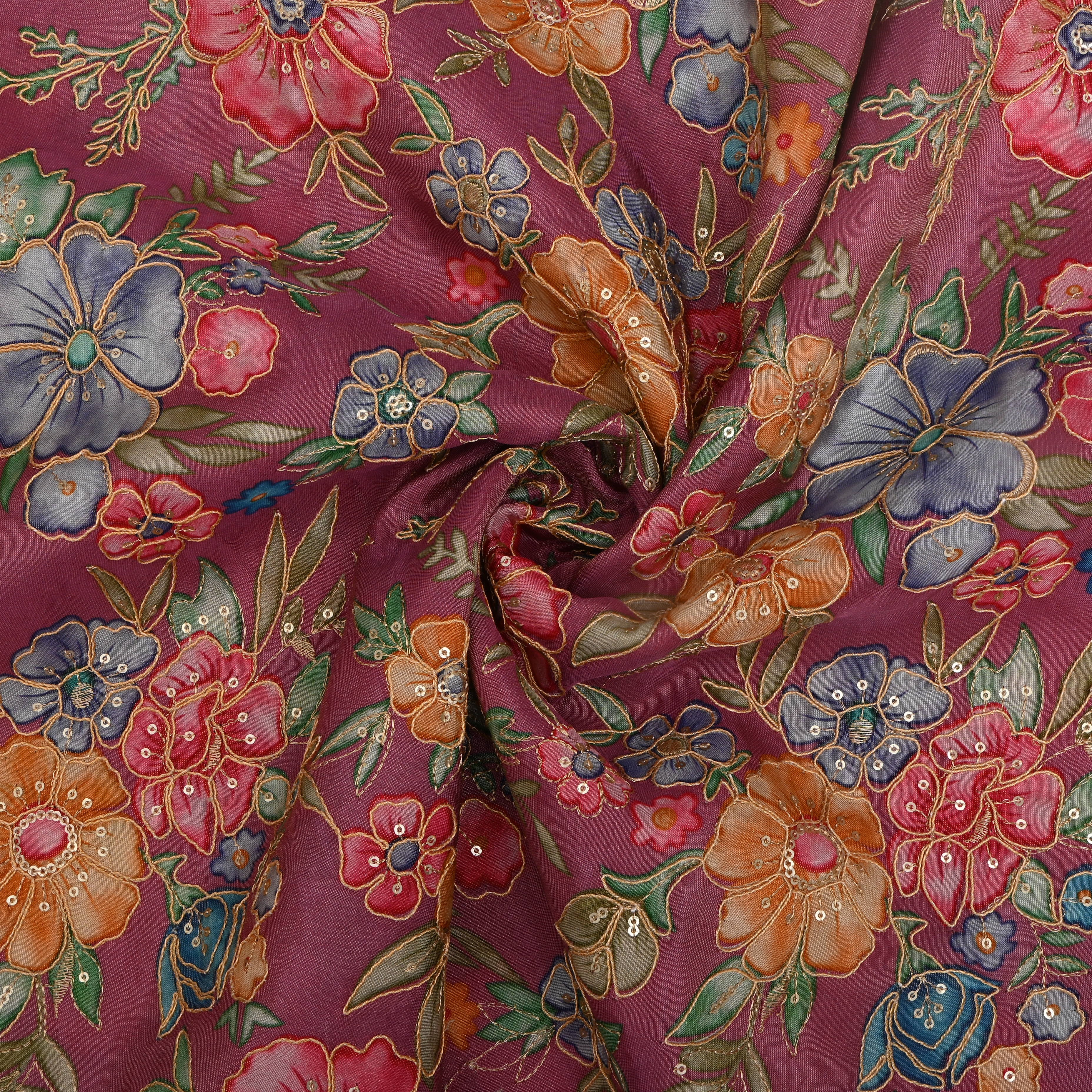 Dark Pink And Multicolour Floral Printed Tissue Fabric