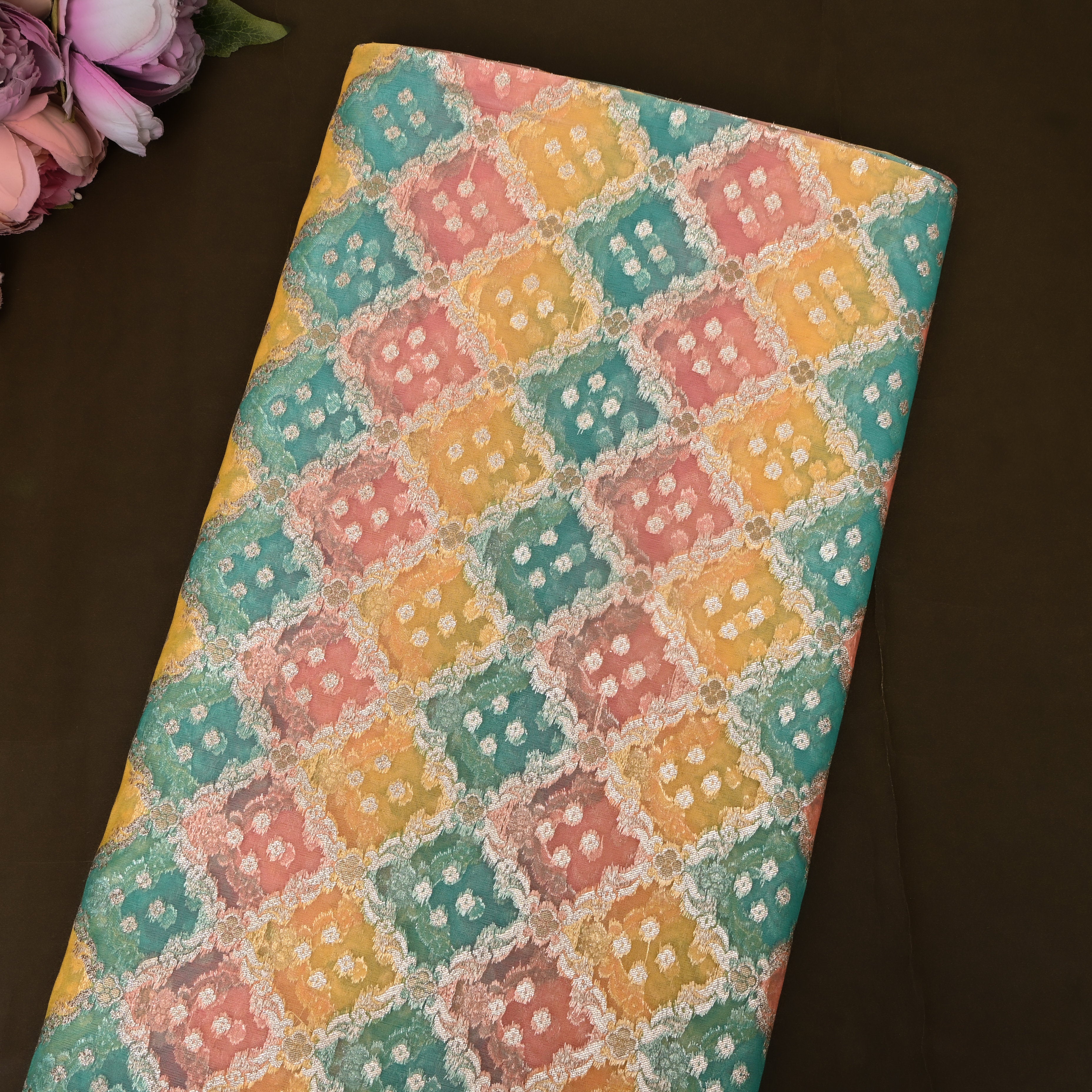 Teal, Pink And Yellow Metallic Textured Jamawar Fabric