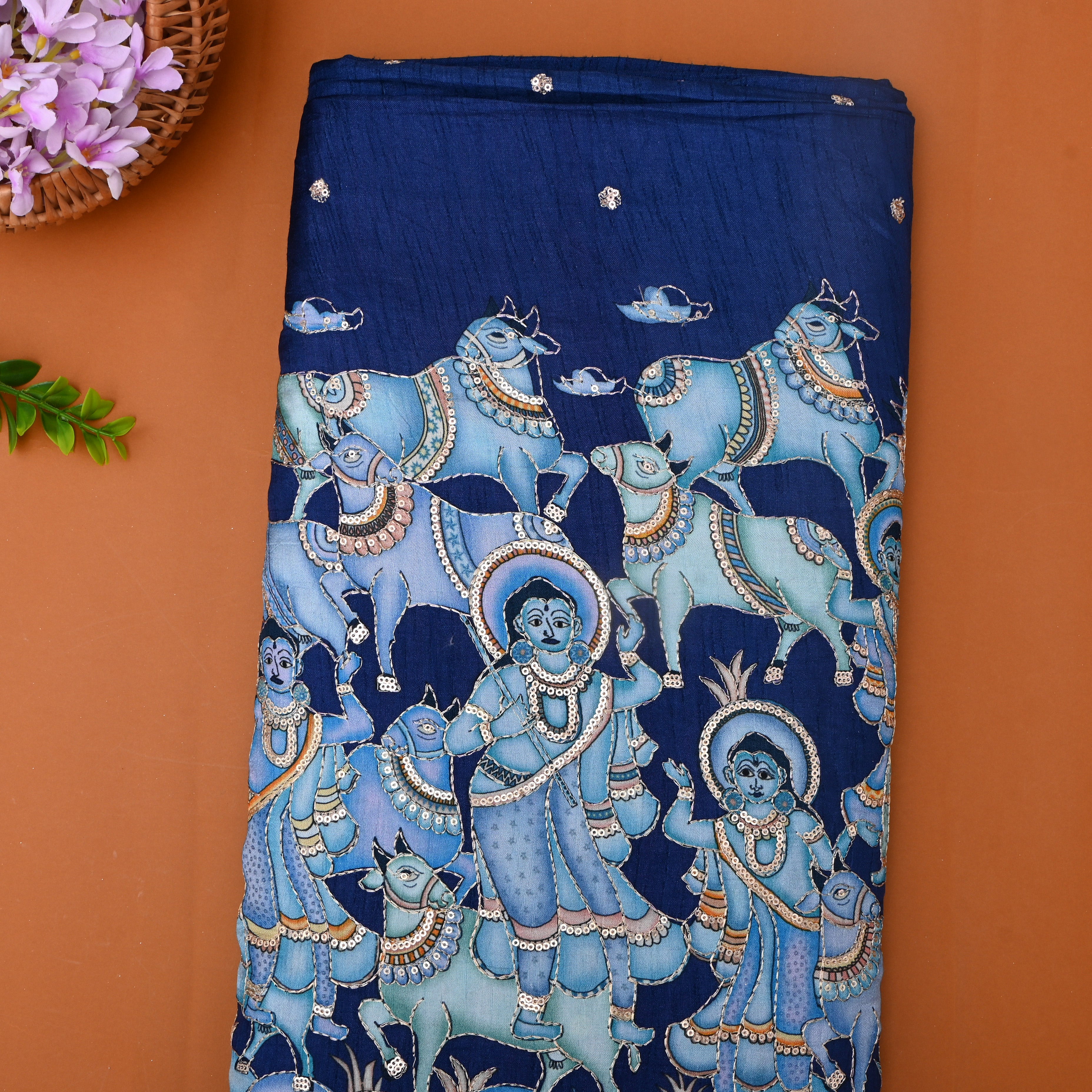 Navy Blue Embroidered Figurative Print Silk Fabric