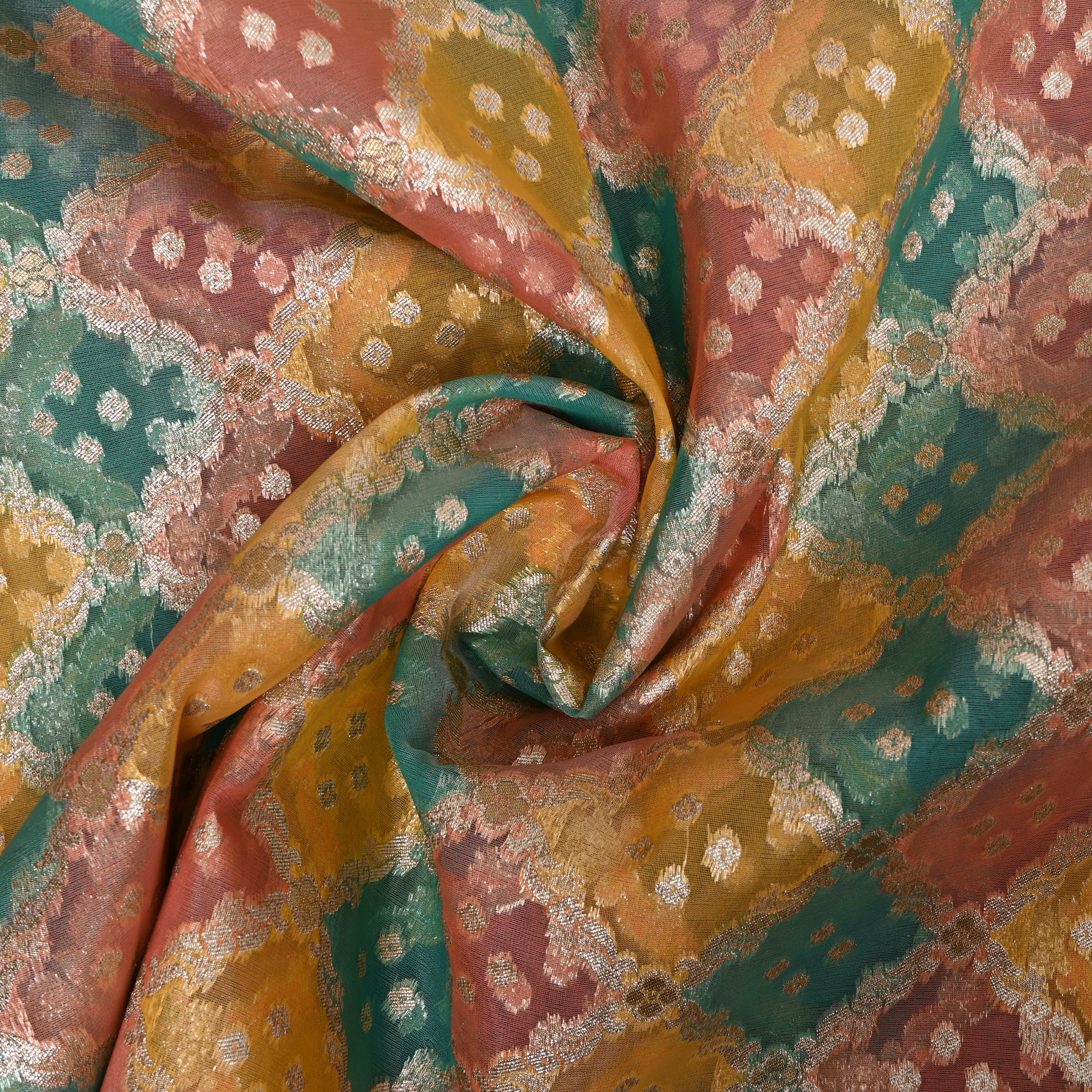 Teal, Pink And Yellow Metallic Textured Jamawar Fabric