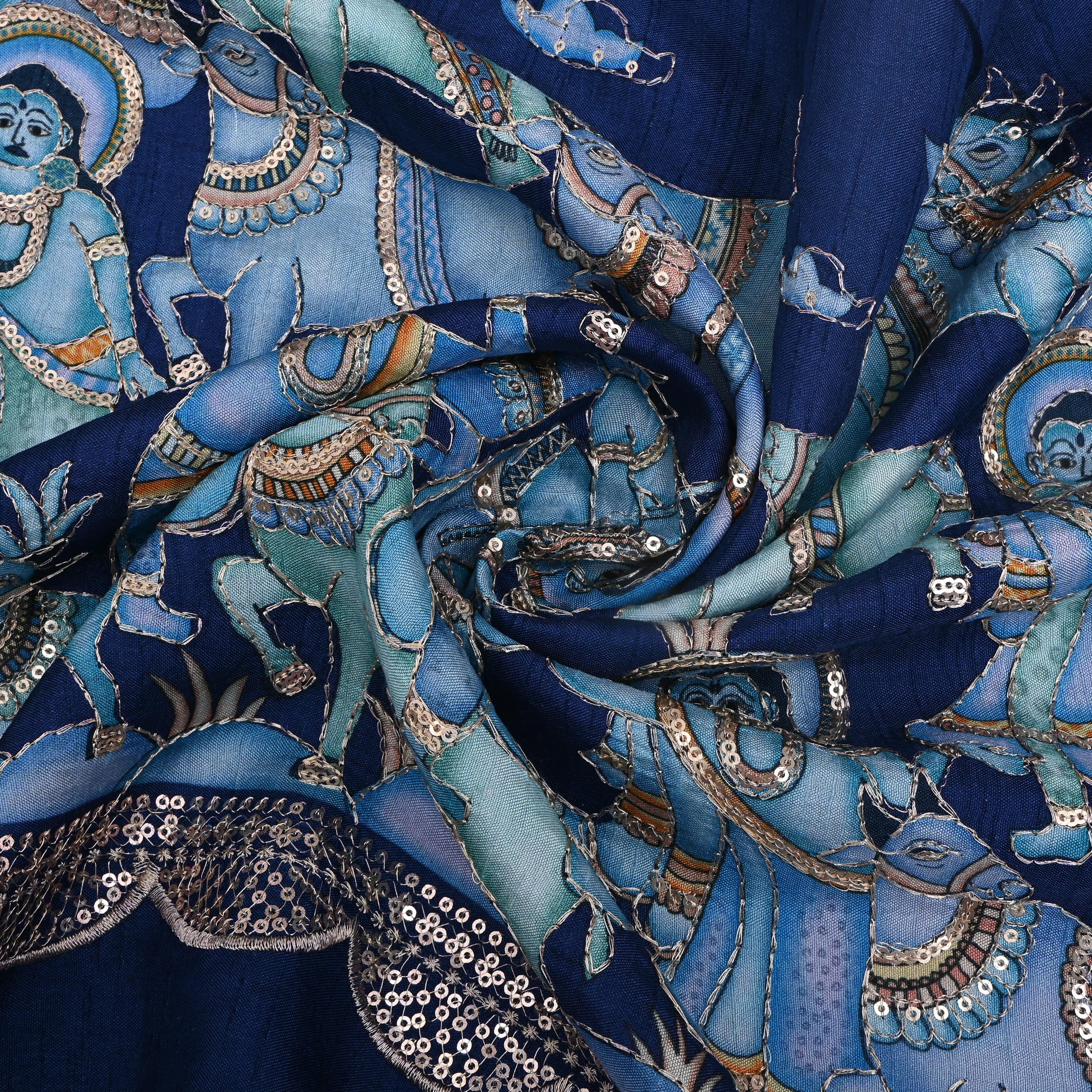 Navy Blue Embroidered Figurative Print Silk Fabric